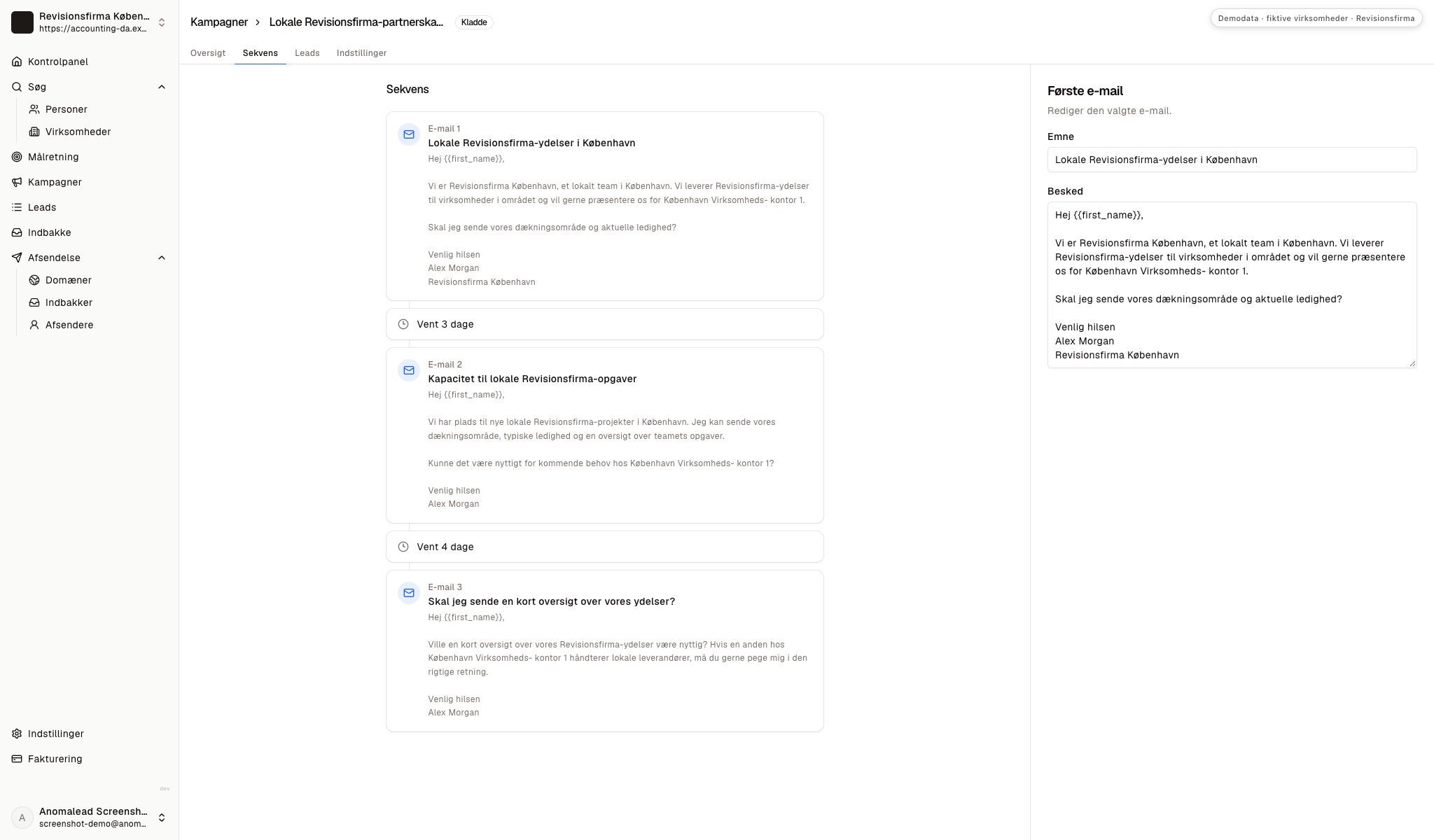 Sekvens med tre e-mails og ventetid på tre dage efterfulgt af fire dage.