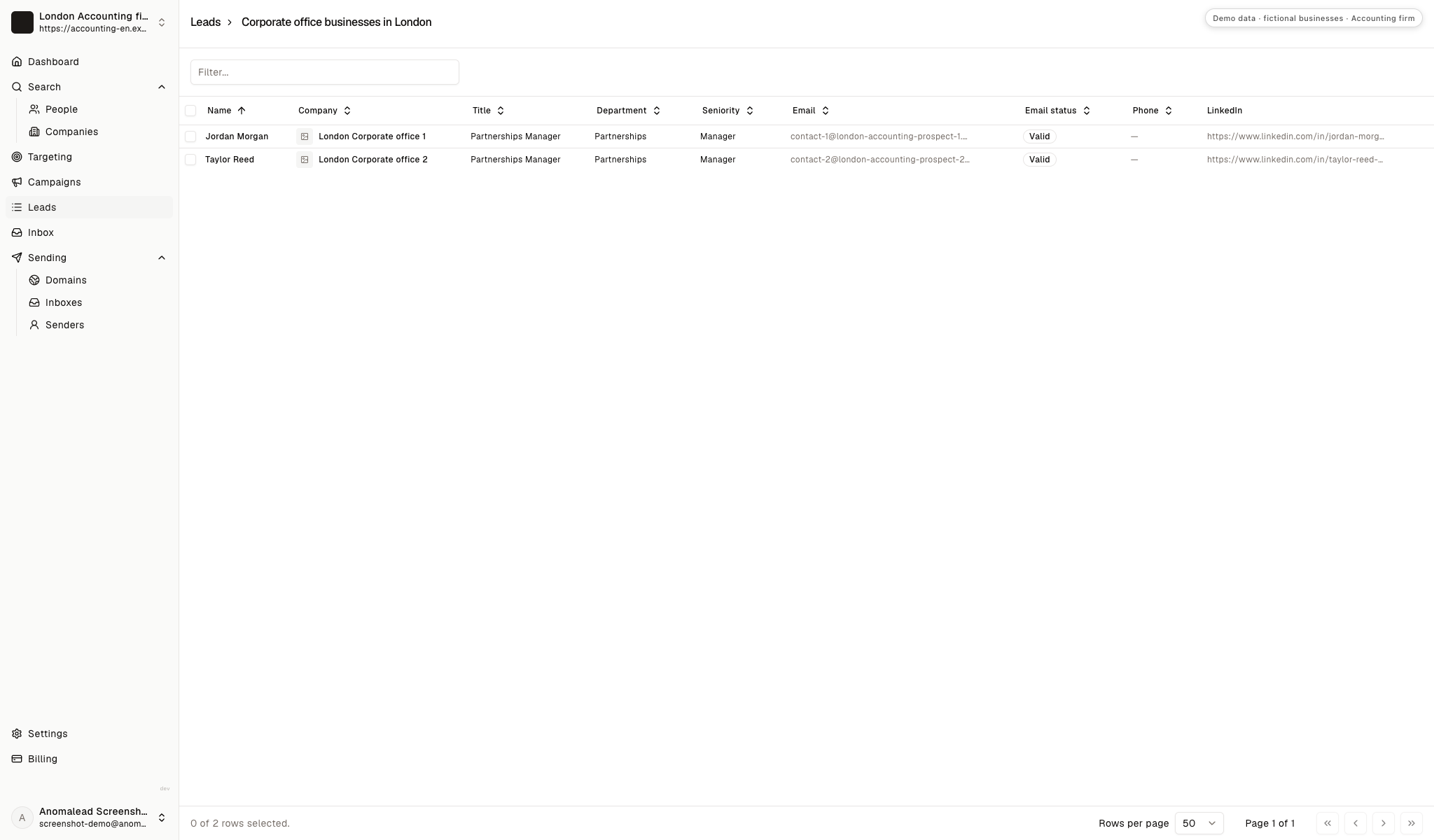 A lead list with two fictional business contacts and their contact fields.