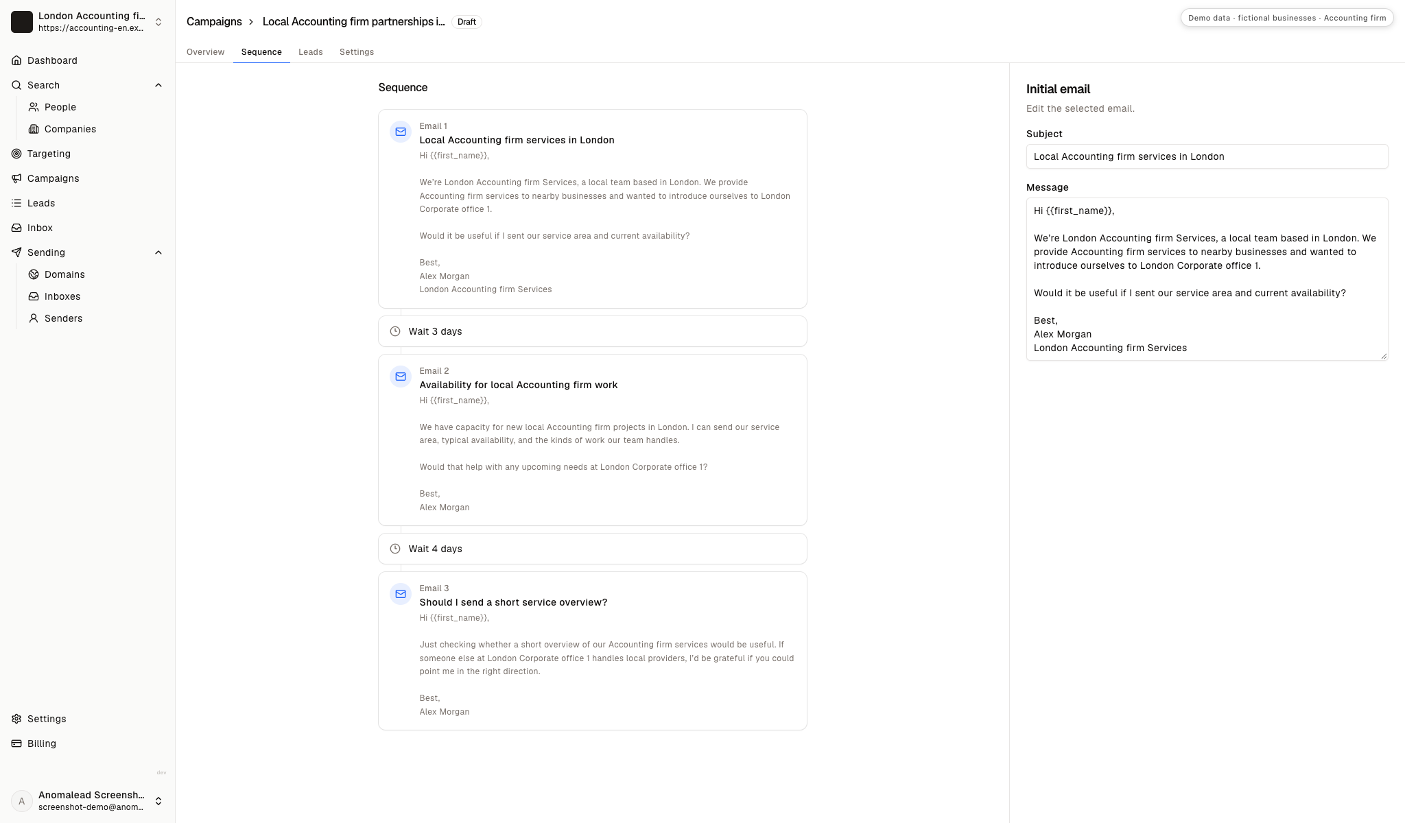 Three-message campaign sequence with a three-day wait followed by a four-day wait.