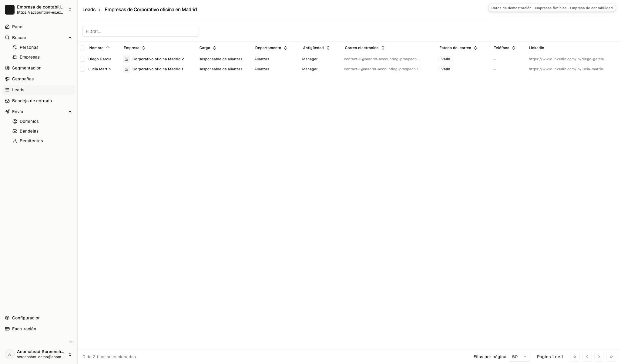 Lista de dos contactos empresariales ficticios con sus datos de contacto.