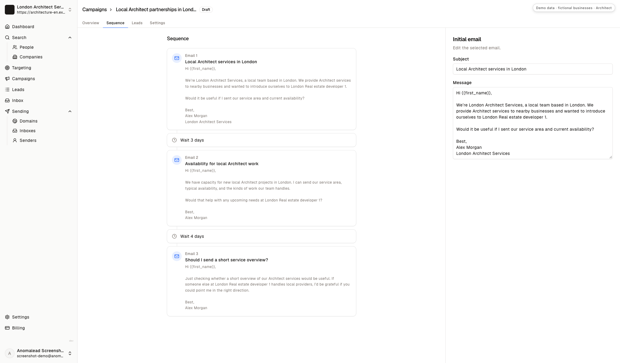Three-email sequence with three-day and four-day waits shown.