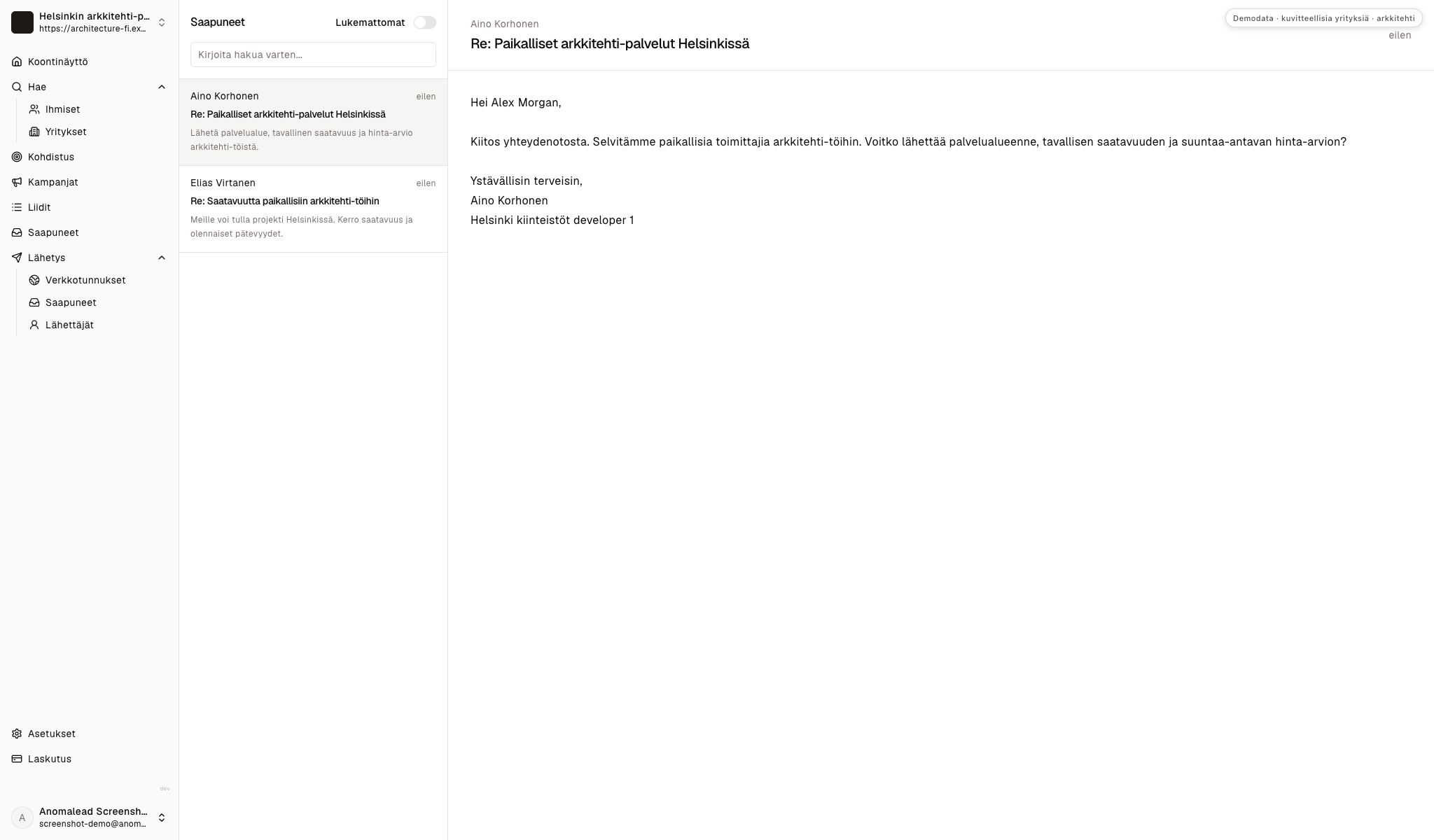 Saapuneet-kansiossa näkyy kaksi kehittäjäryhmän kuvitteellista vastausta.