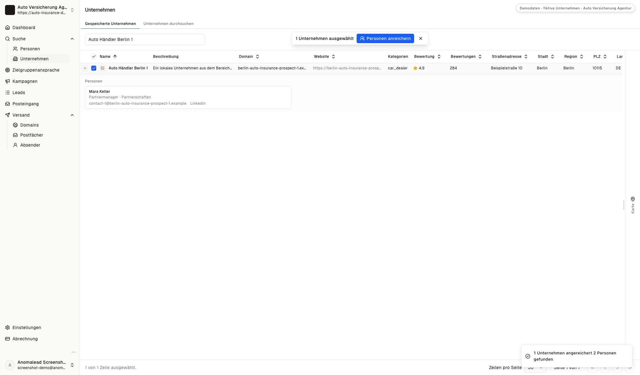 Vorgeschlagene Kontaktkarte mit Funktion im Partnermanagement, geschäftlicher E-Mail und Profil zur Überprüfung.