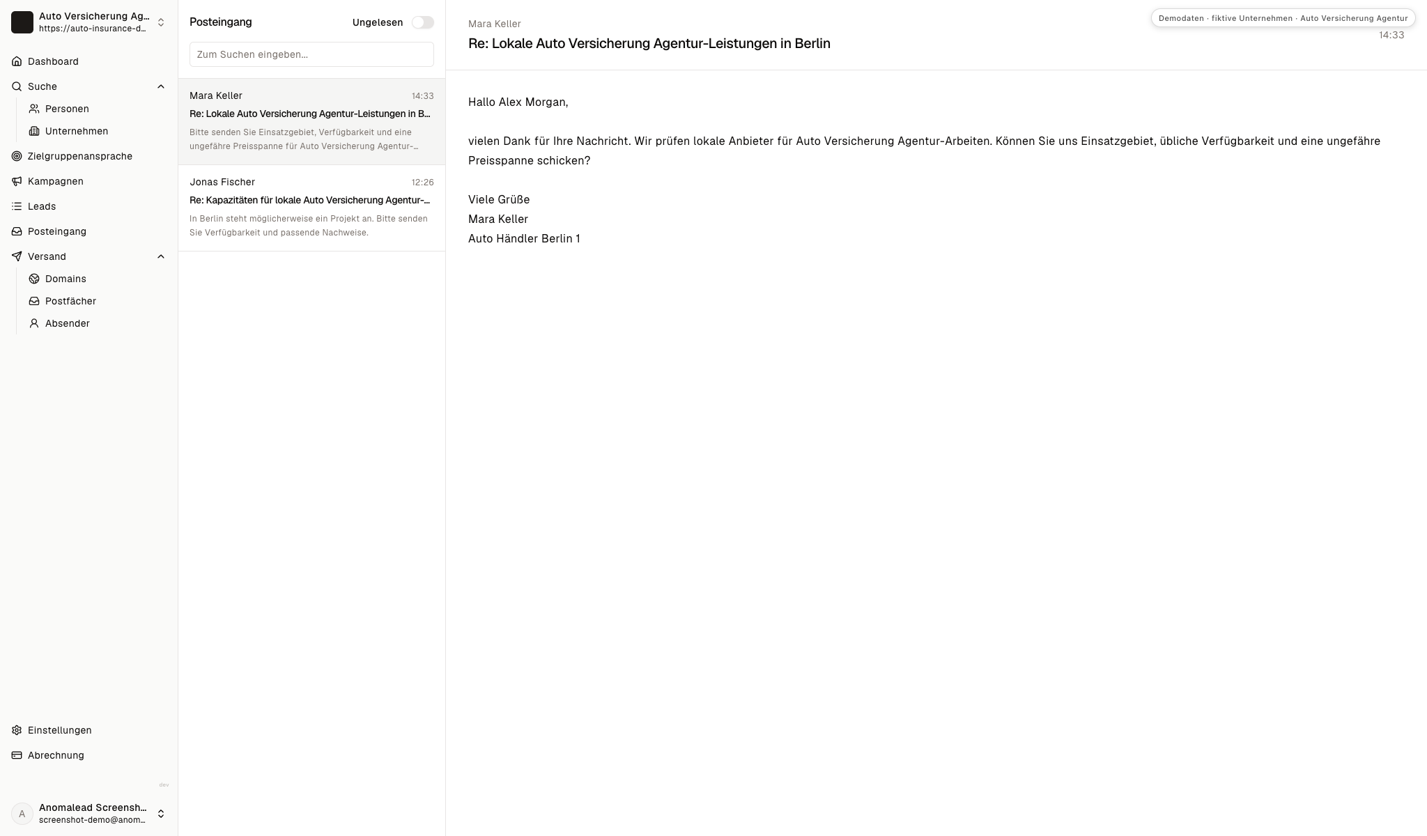 Posteingangsansicht mit zwei fiktiven Antworten von Ansprechpartnern in Autohäusern.