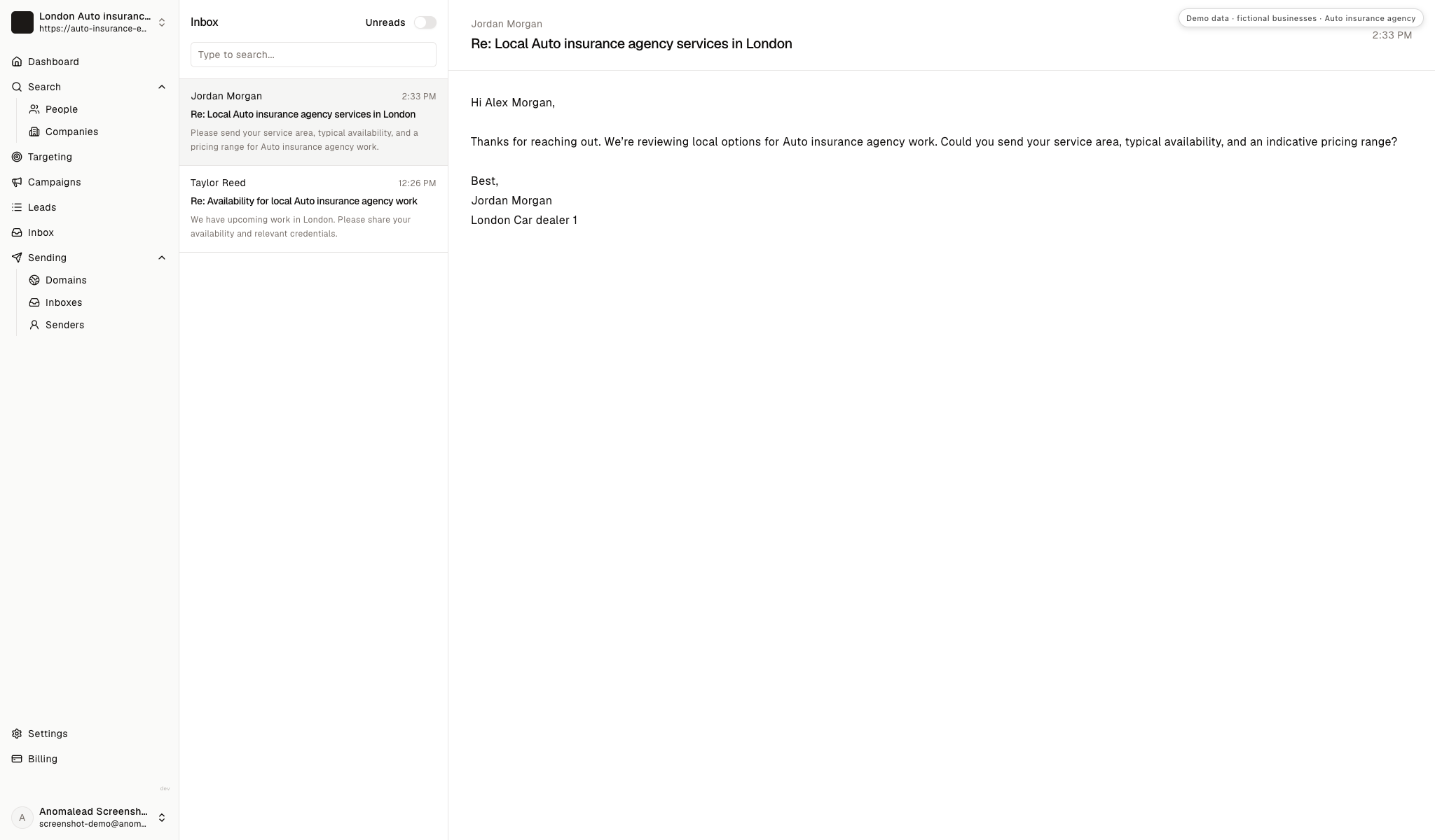 An inbox view displays two fictional replies from dealership contacts for follow-up.