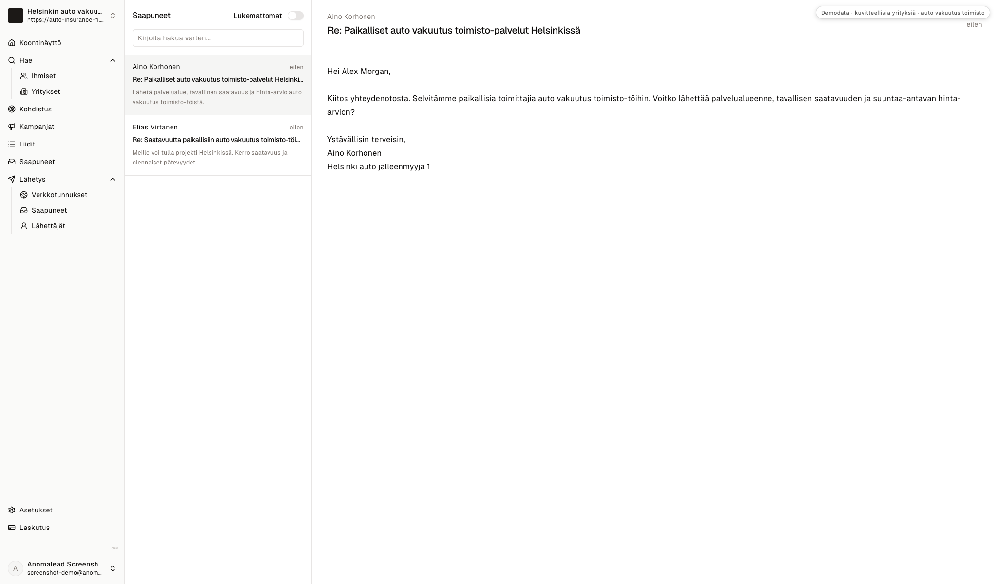 Saapuneet-näkymä, jossa tarkistetaan kaksi kuvitteellista autoliikeyhteyshenkilön vastausta.