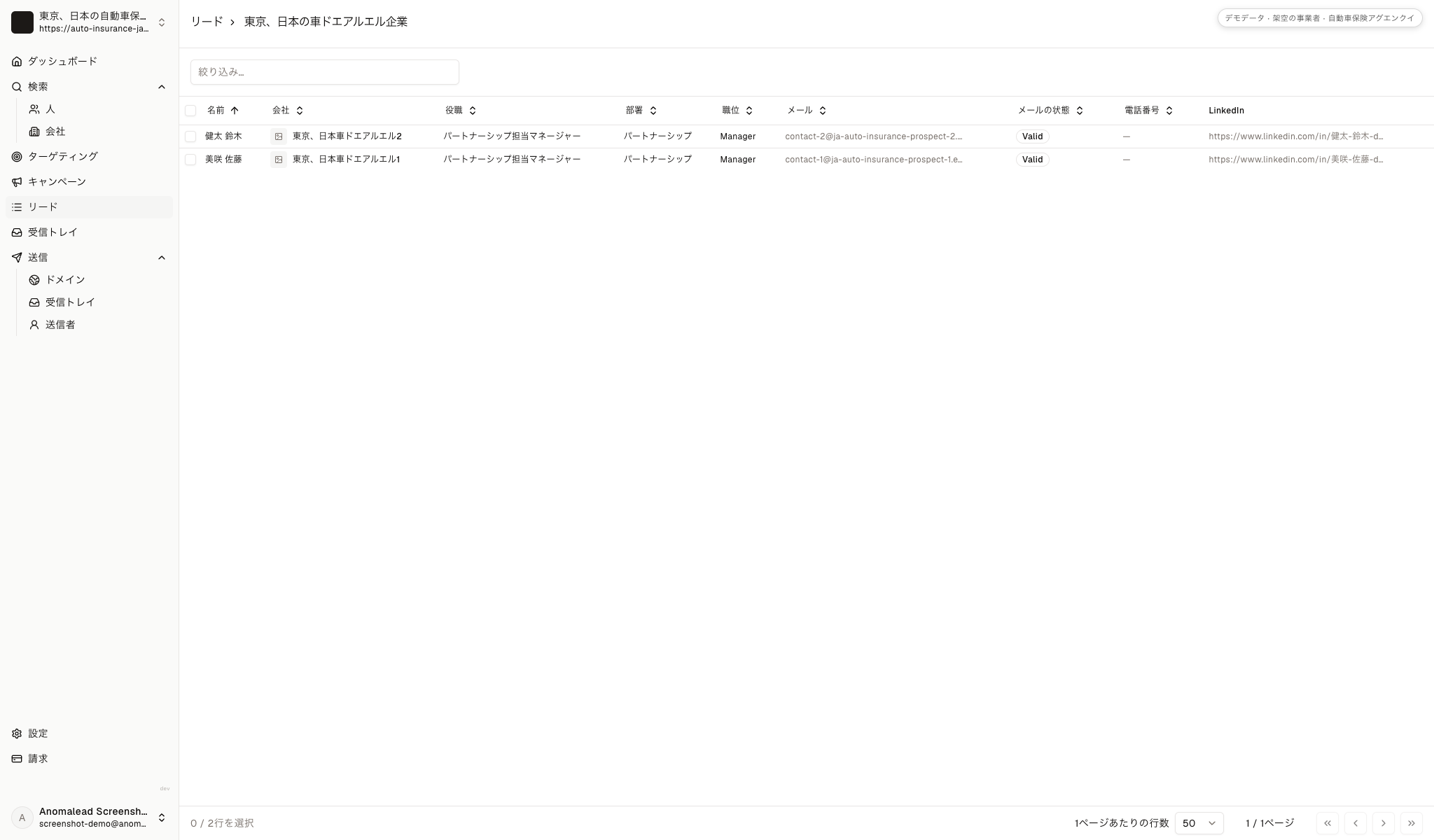 別々の販売会社に所属する架空の連絡先二人を並べた確認用の一覧画面です職務と所属を比べて送信対象を確認する画面です。