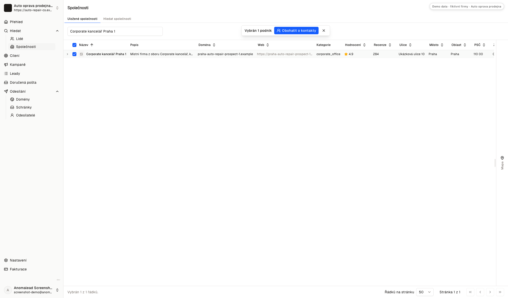 Pohled na uložené firmy s vybranou Corporate kancelář Praha 1 a viditelnou akcí Enrich people.