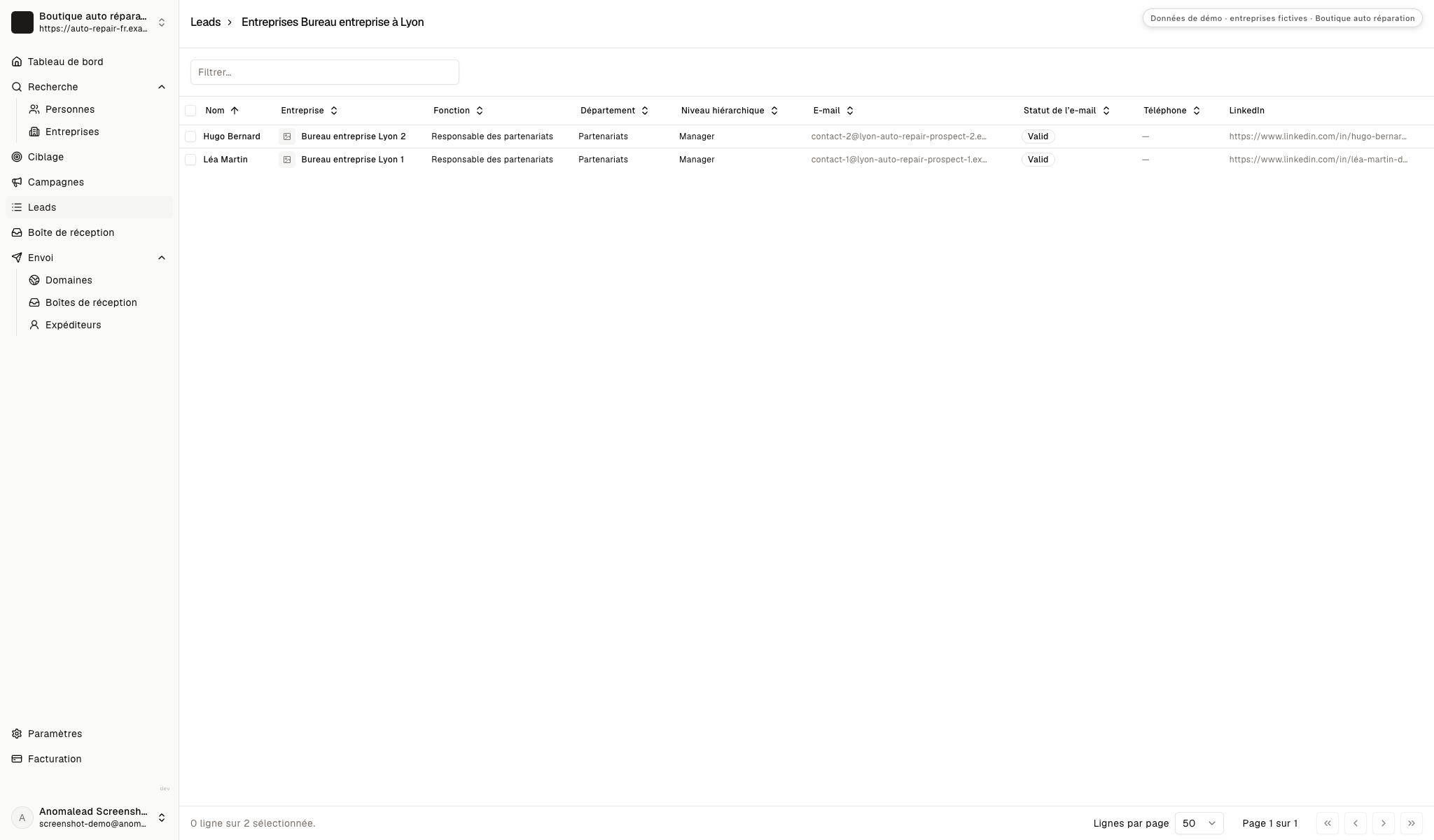 Liste de prospects avec deux contacts auto fictifs et leur statut de validité de courriel avant la campagne.