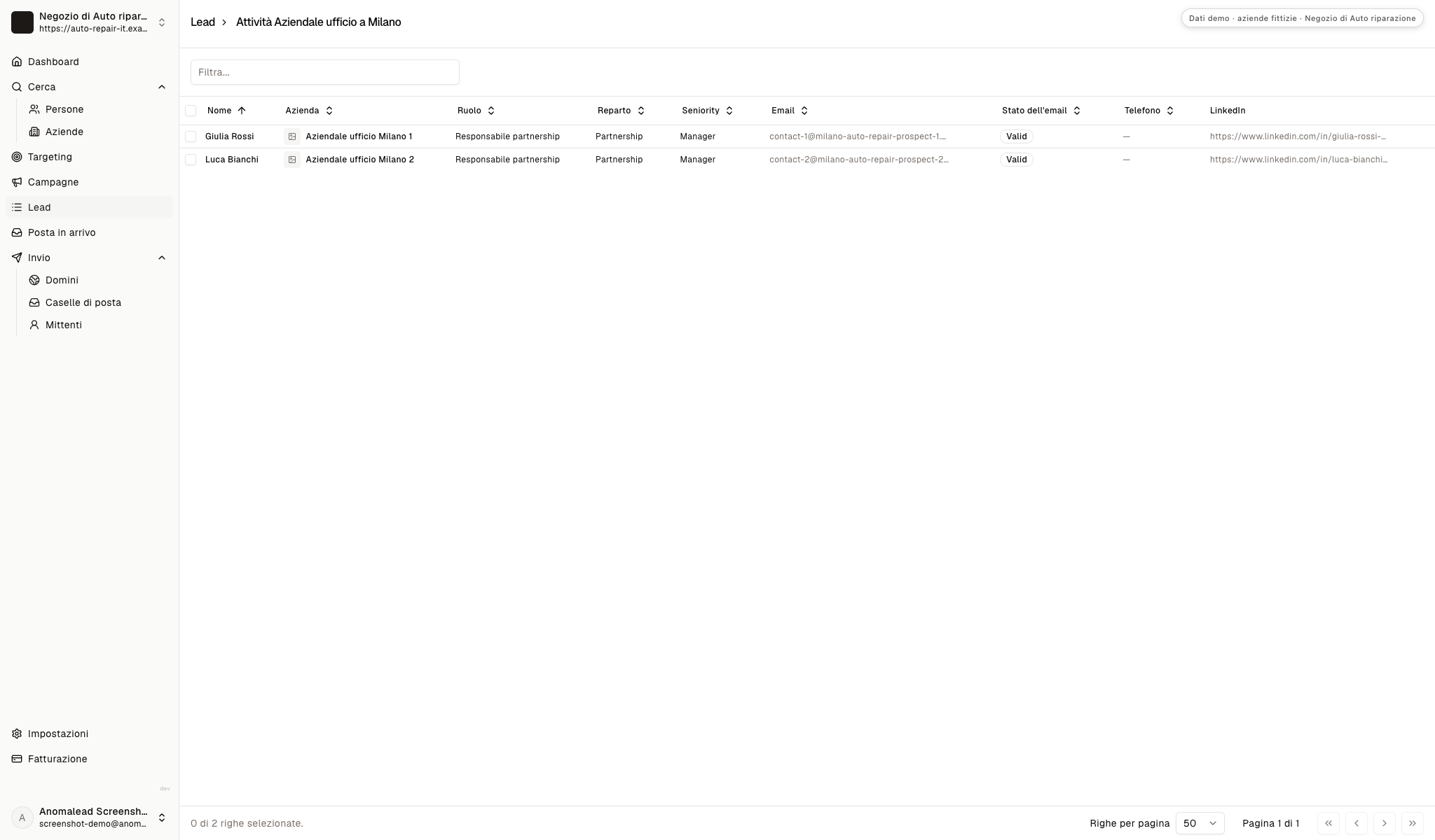 Lista con due contatti fittizi interessati all’auto e stato email valido prima della campagna.
