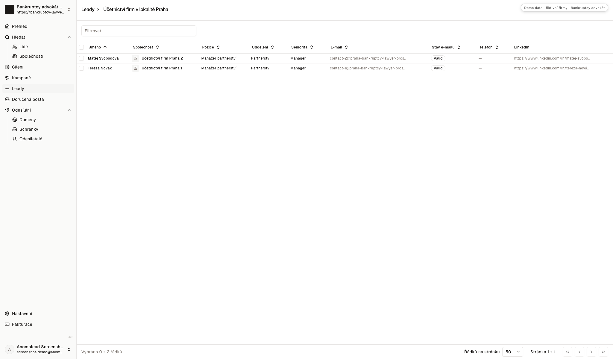 Seznam dvou fiktivních účetních s platným stavem pracovních e-mailů.