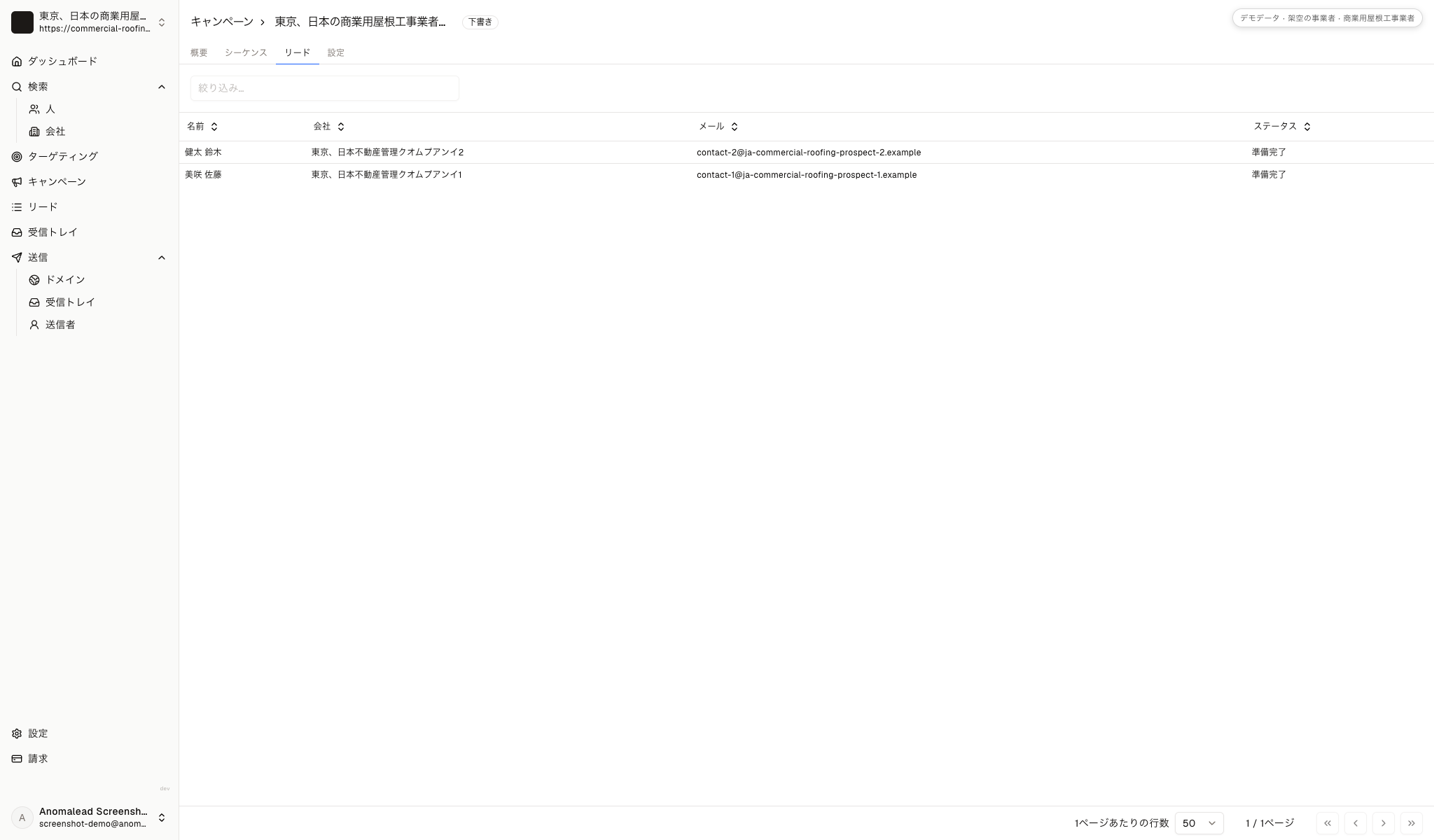 架空のキャンペーン名と二人の連絡先を含む、送信前のキャンペーン下書き画面です。送信先と本文を確認できます。