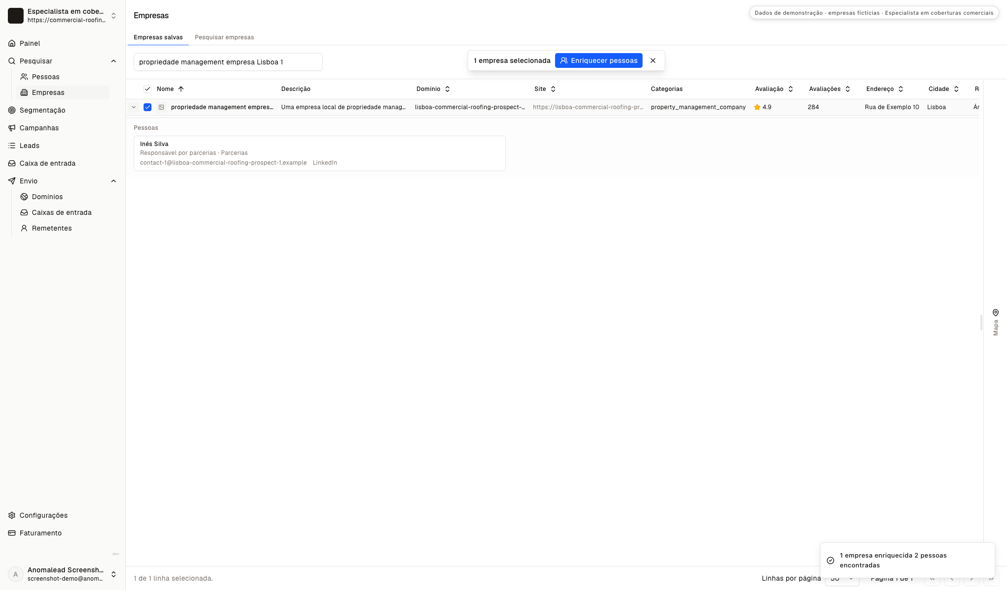 Registos de contacto dos gestores de parcerias fictícios Inês Silva e Tiago Santos.