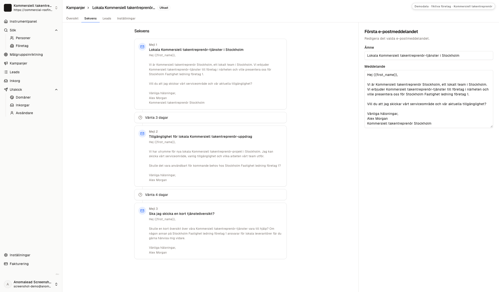 Redigeraren visar tre mejl med väntesteg i en utkastsekvens.