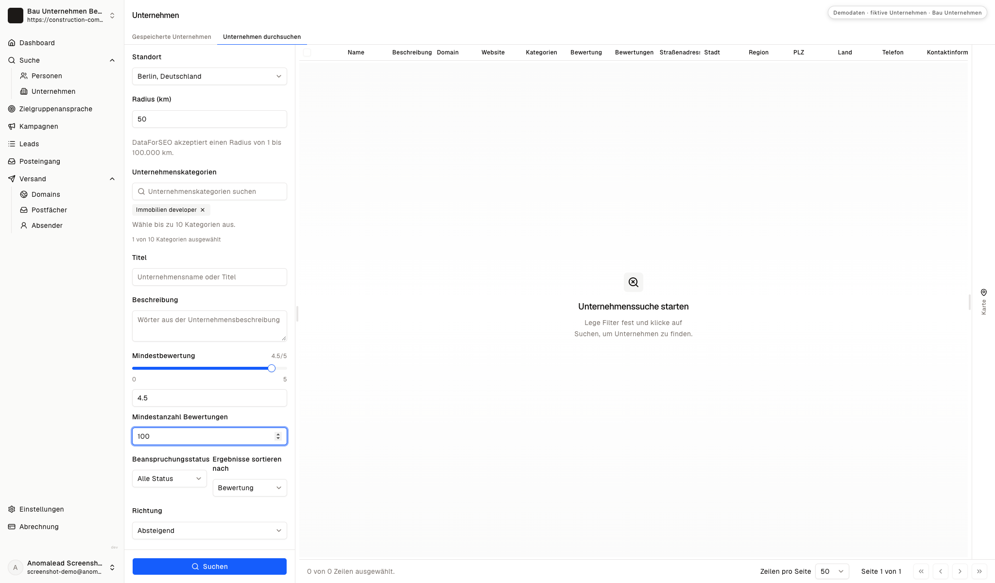 Ein Anomalead-Suchformular zeigt Immobilienentwickler als Kategorie mit Standort- und Bewertungsfiltern.