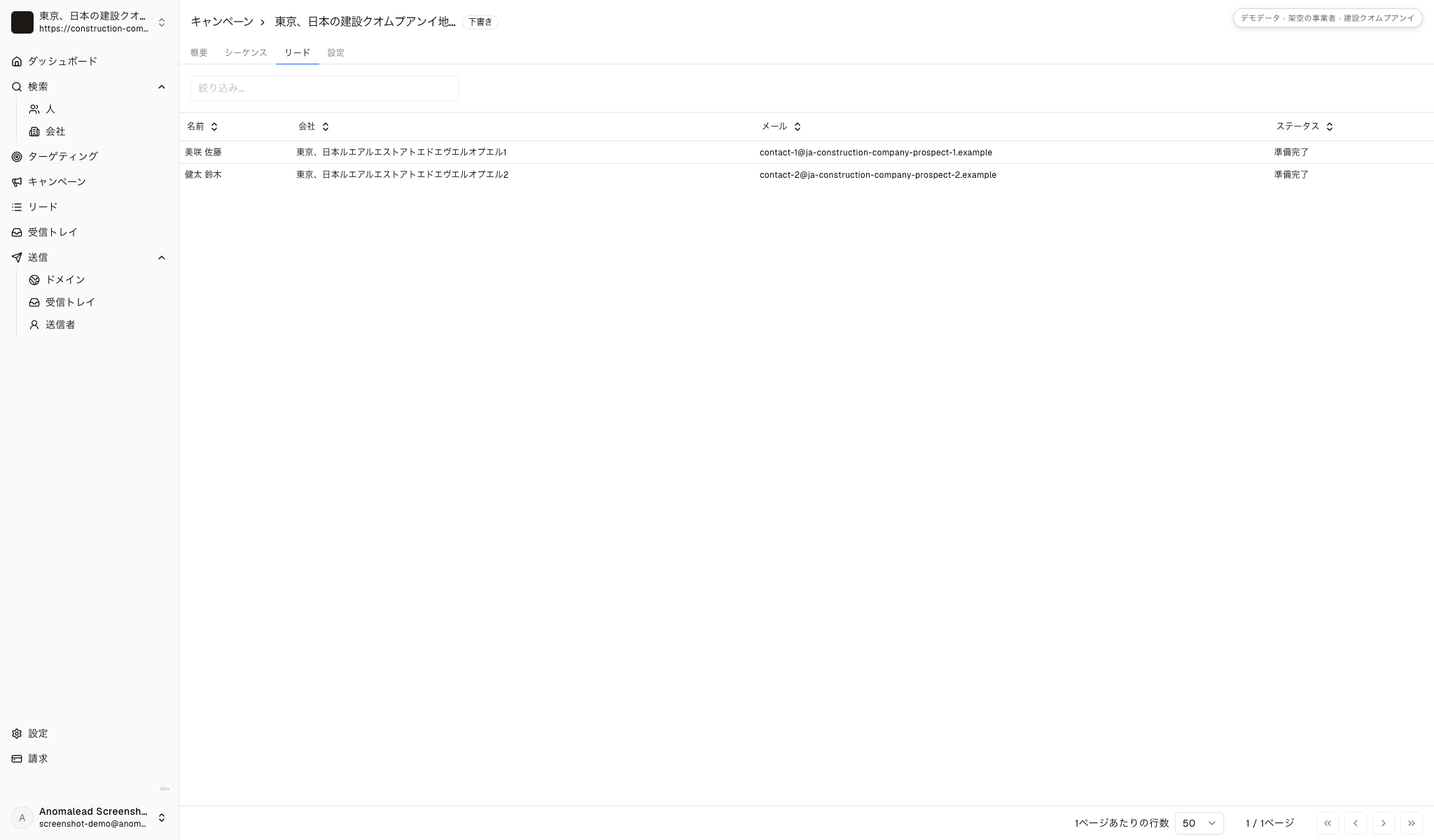 架空のキャンペーン名と二人の連絡先を含む、送信前の下書き画面です。宛先と設定を確認できます。