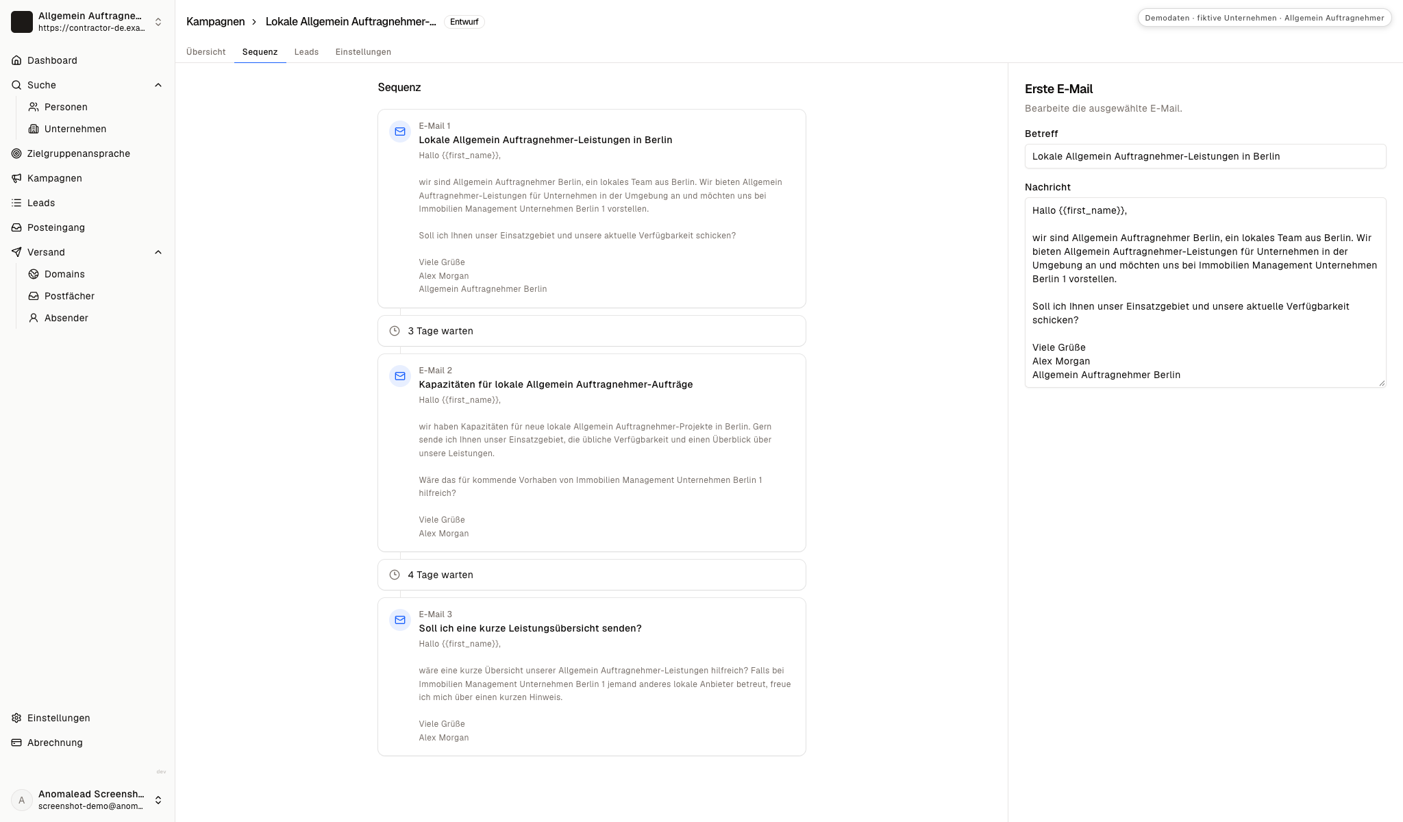 Eine dreiteilige Kontaktsequenz für einen Generalunternehmer zeigt geplante Abstände zwischen den E-Mails.