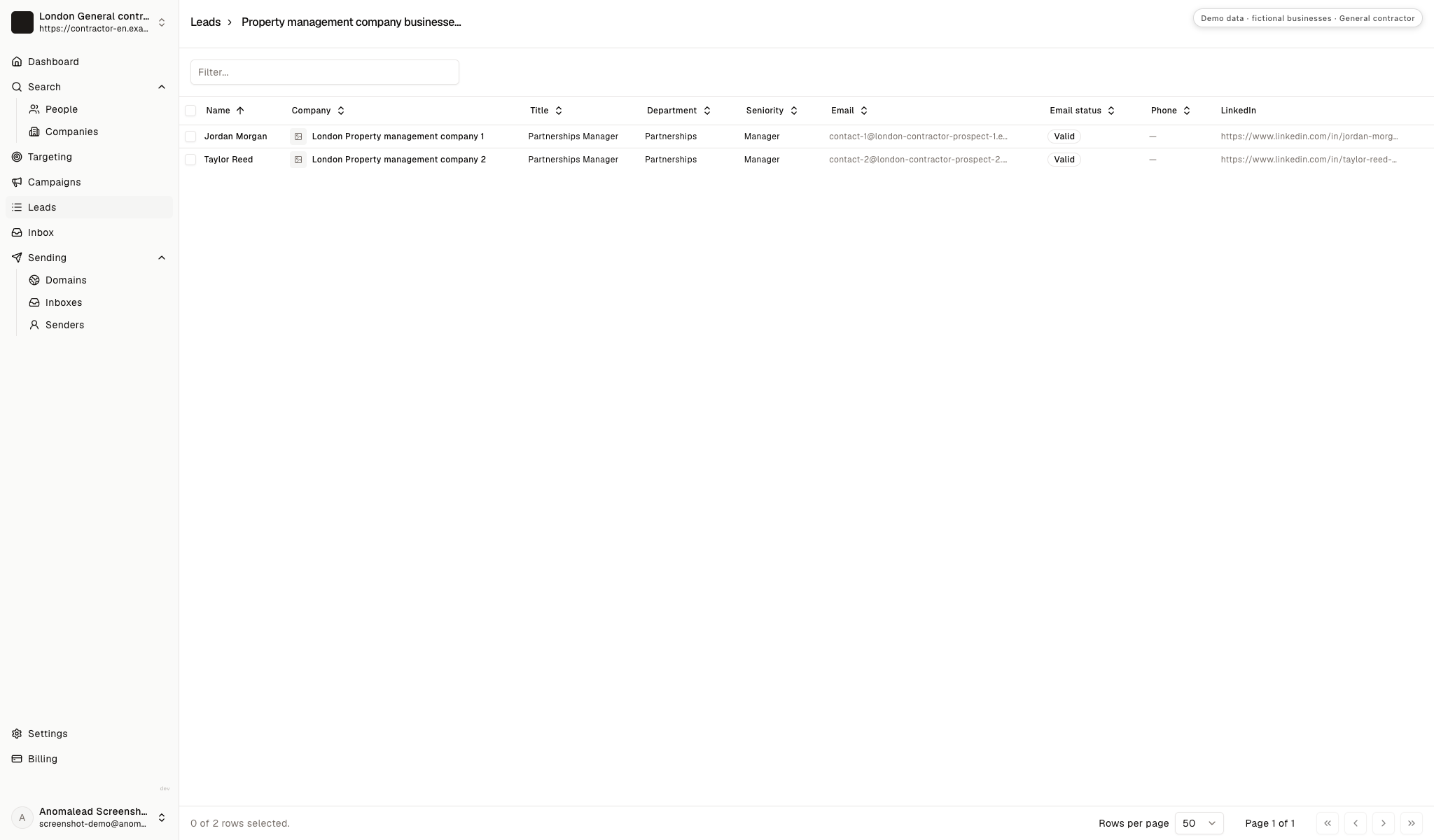 A curated contact list with two fictional property management contacts and email status indicators.