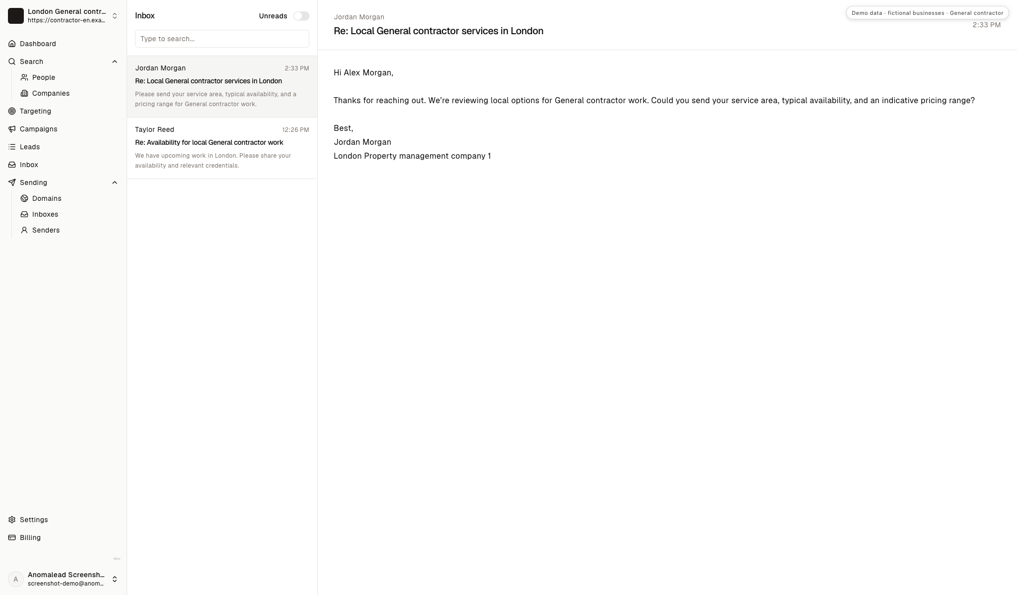 An inbox with two fictional property manager replies about contractor coverage, pricing, availability, and credentials.