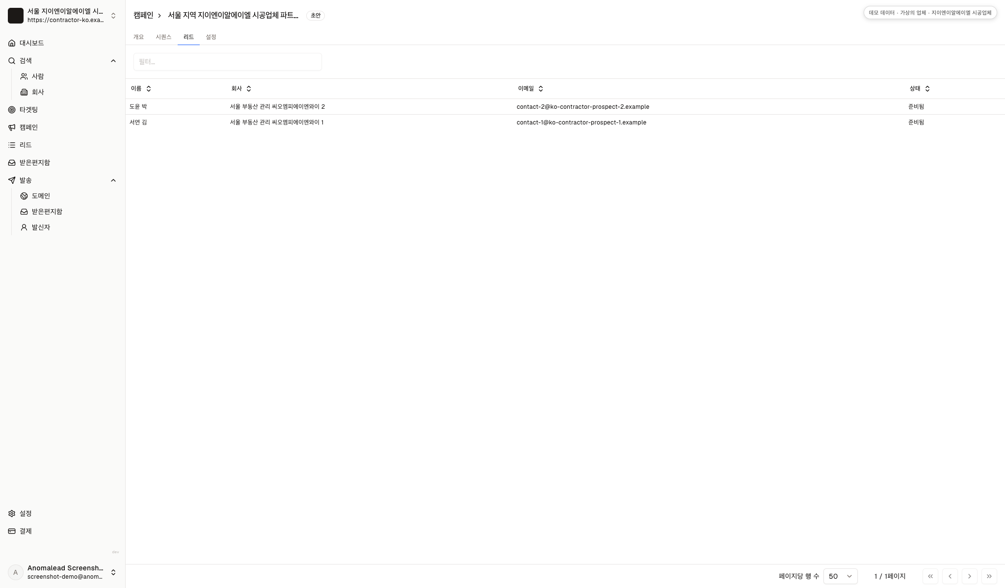 가상의 부동산 관리 담당자 두 명을 수신자로 지정한 이메일 캠페인 초안 화면입니다.