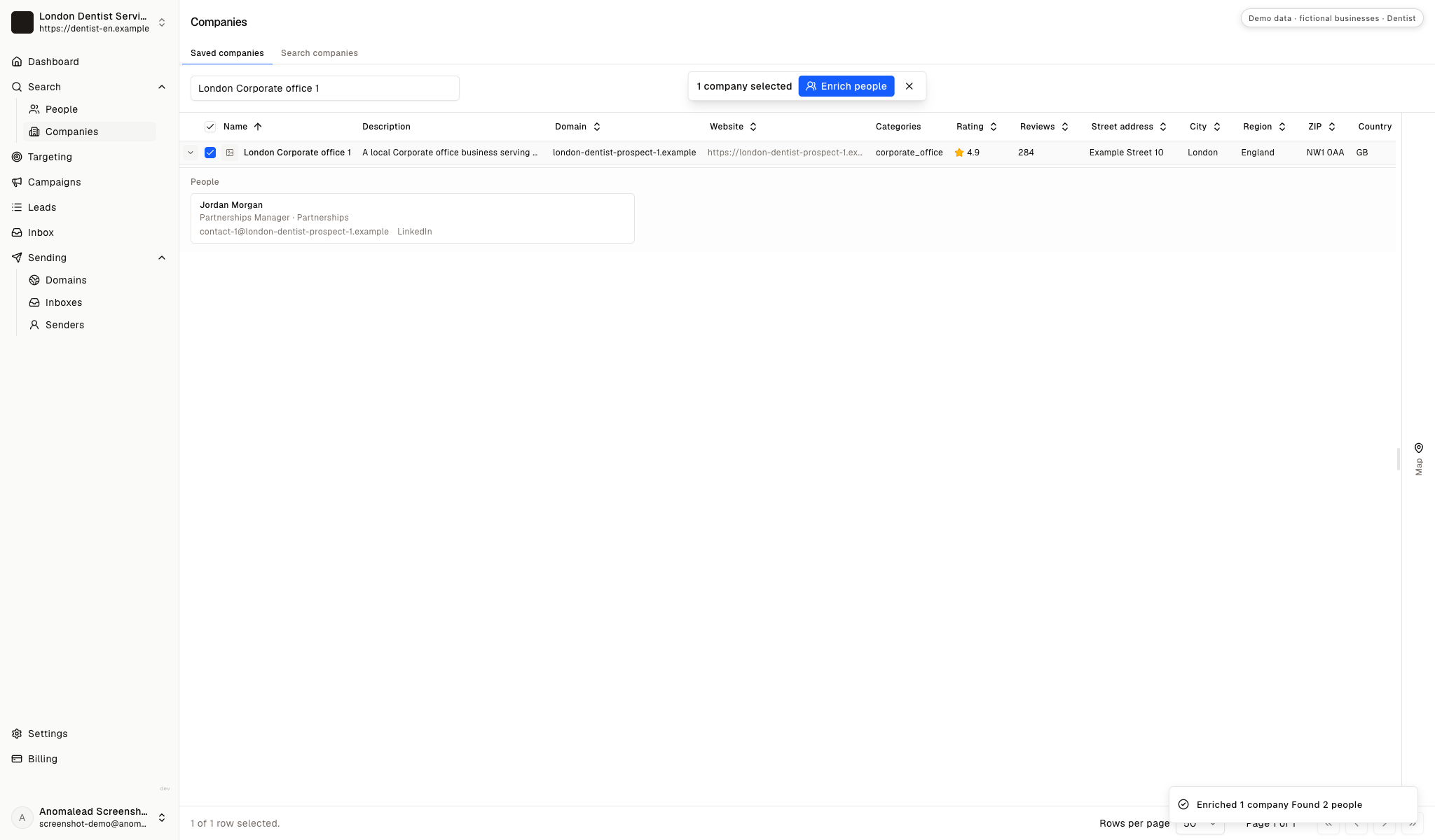 Expanded company row showing a contact card for Jordan Morgan, Partnerships Manager in the Partnerships department, with a work email, a LinkedIn link and a toast saying two people were found.