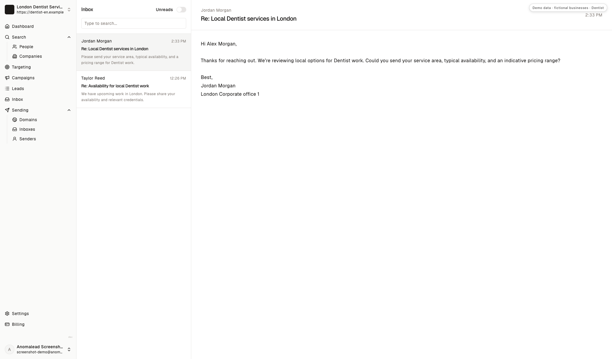 Inbox listing replies from Jordan Morgan and Taylor Reed, with Jordan's message open asking for a service area, typical availability and an indicative pricing range.