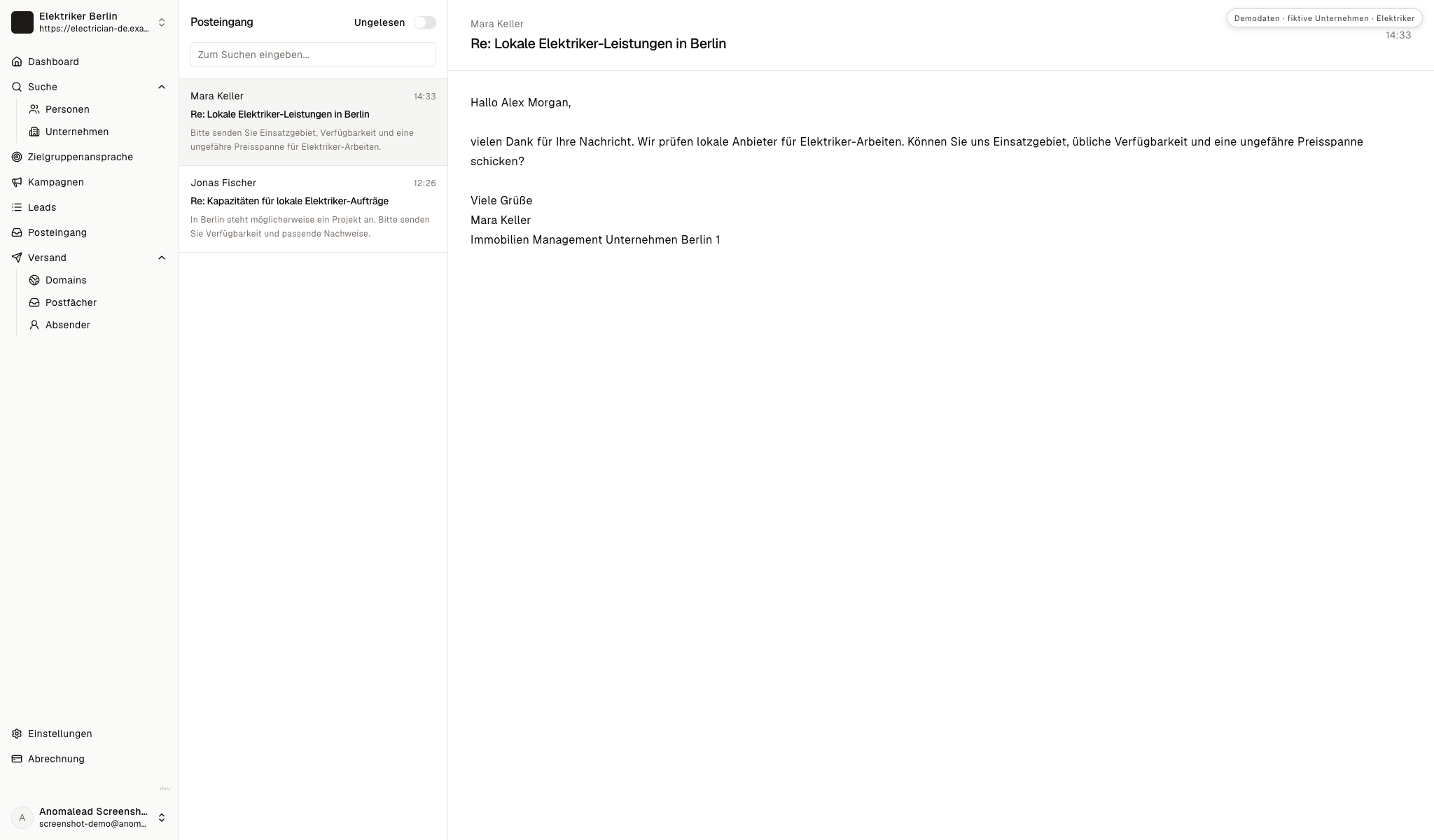 Der Posteingang zeigt Rückfragen, jedoch keine technische Anlagenakte.