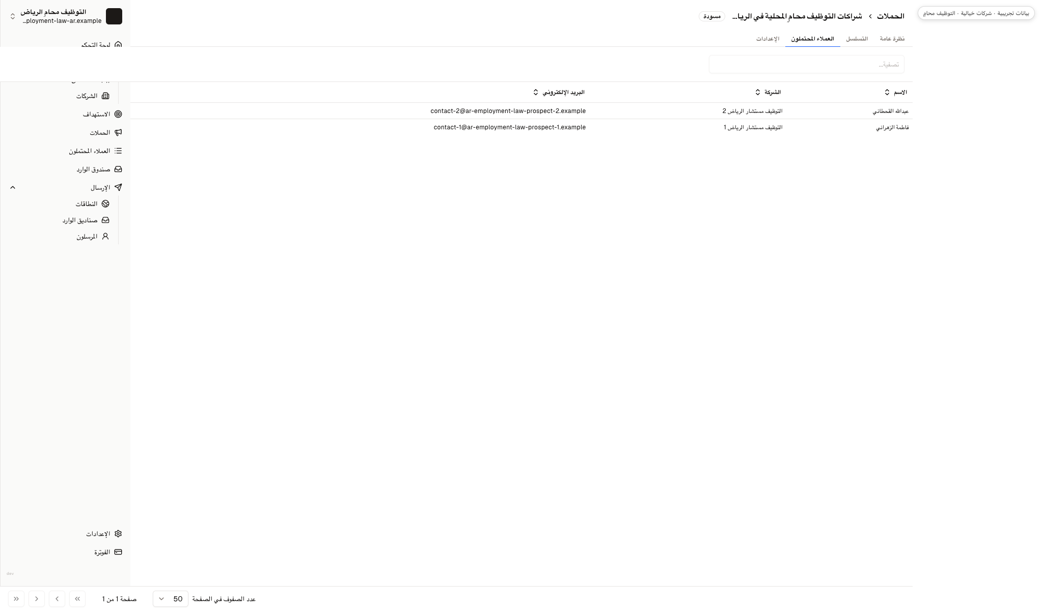 تظهر في مسودة الحملة جهتا اتصال خياليتان من استشارات الموارد البشرية كمستلمين.