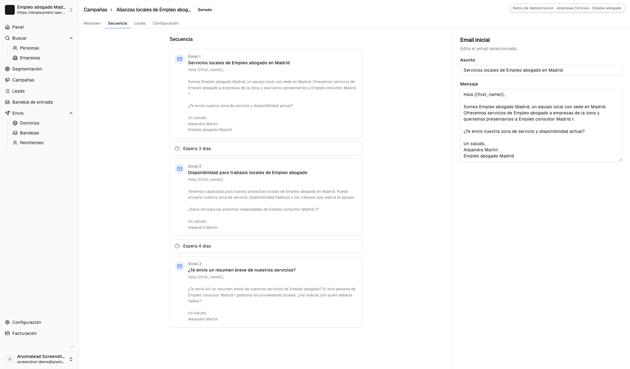 Tres correos programados y los intervalos previstos en una secuencia de colaboración con RR. HH.