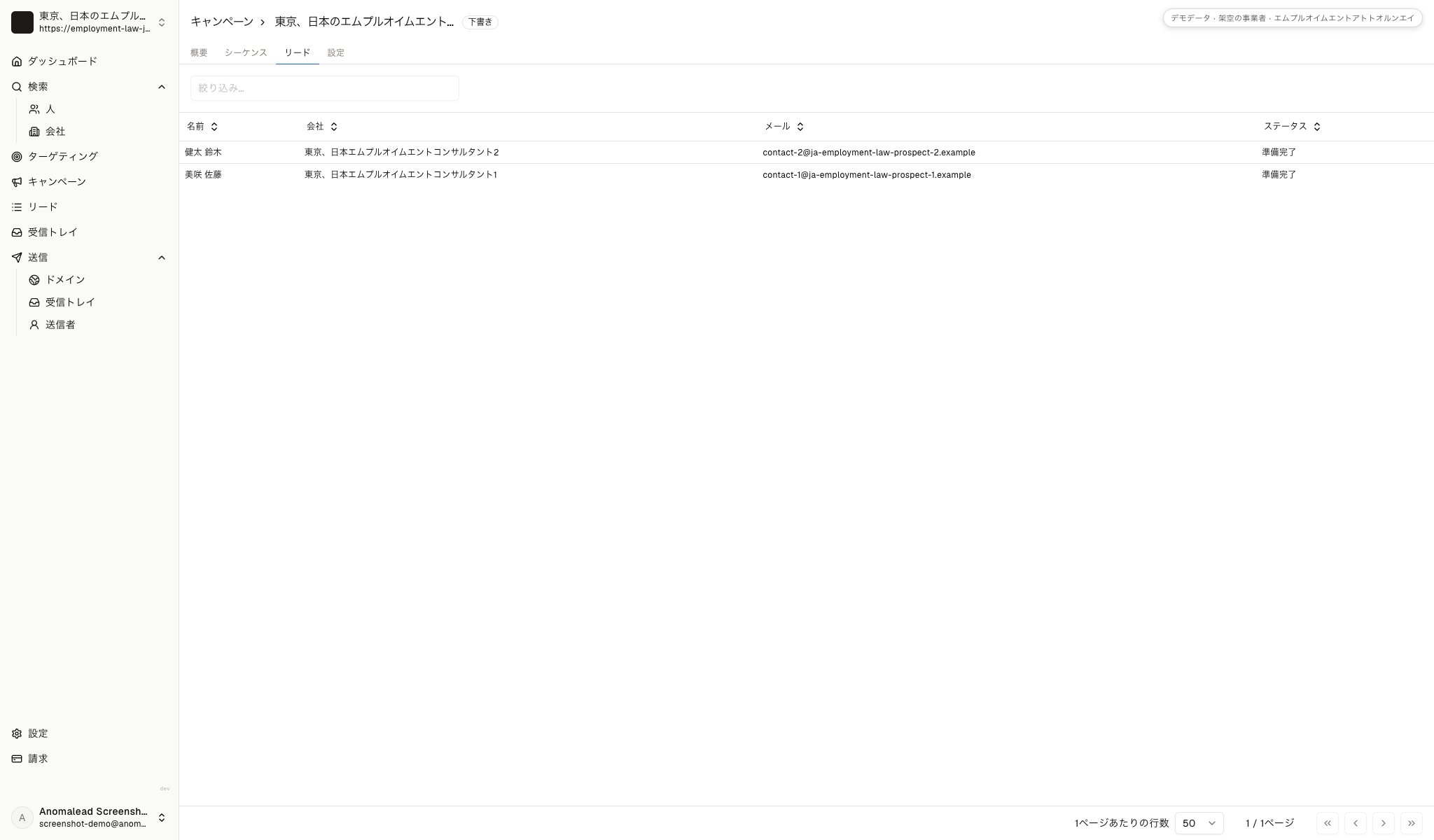 架空の人事コンサル担当者二人とデモ送信者が宛先欄に入ったメール下書きの画面です。