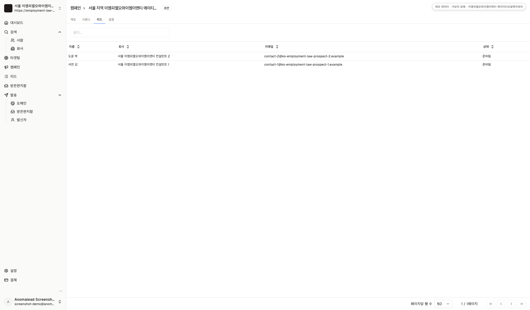 가상 HR 담당자 두 명과 데모 사무소가 발신자로 표시된 캠페인 초안입니다.