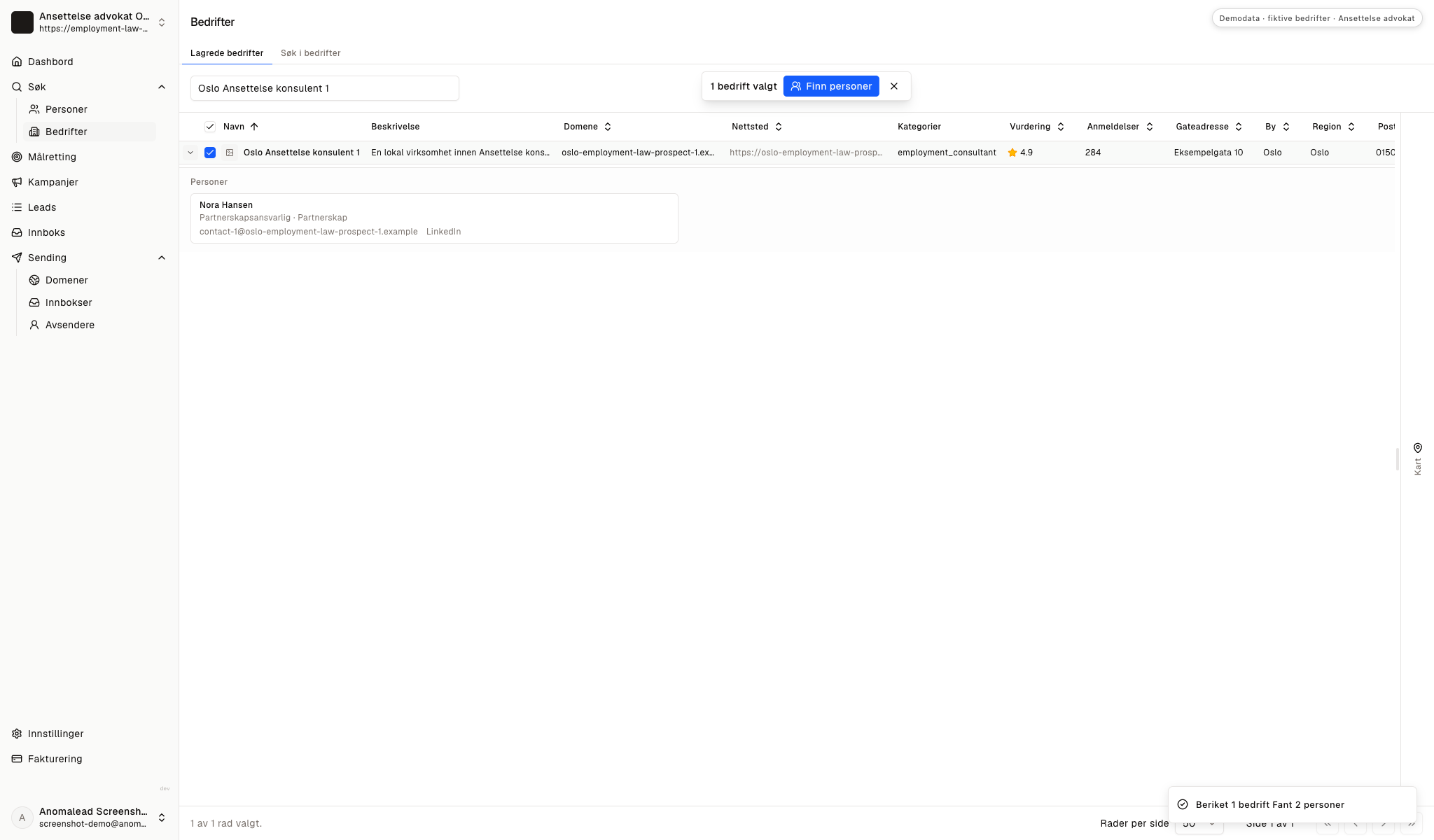 Kontaktprofiler for de fiktive partnerskapsansvarlige Nora Hansen og Henrik Berg.