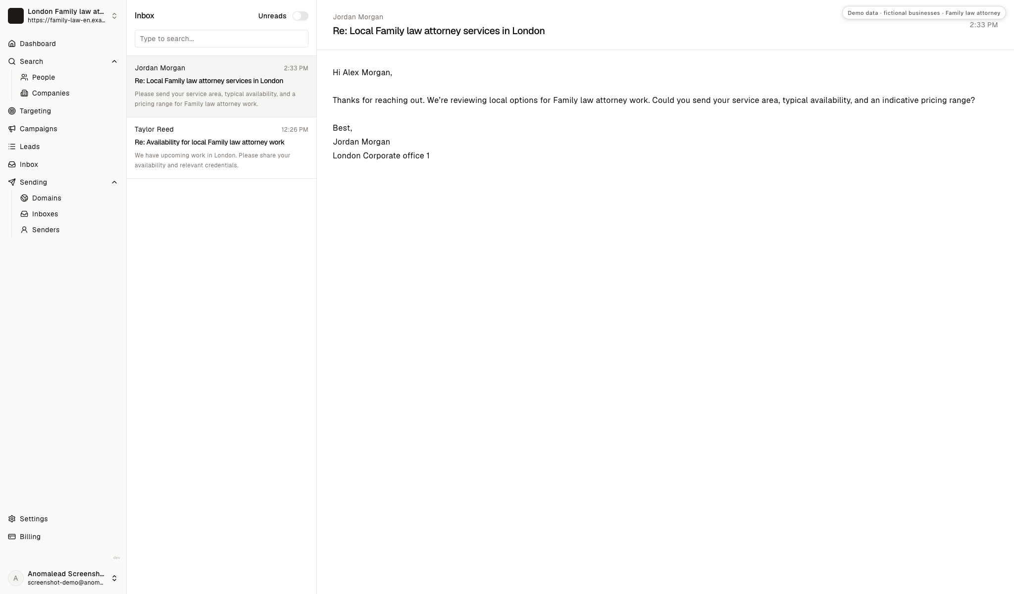 Two fictional inbox replies ask the family-law firm about its service area, availability, pricing, and qualifications.