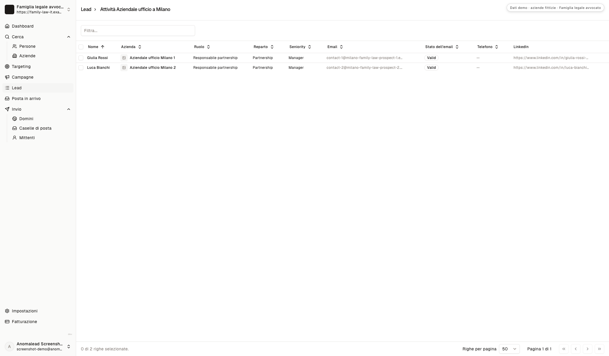 Lista contatti con due referenti aziendali fittizi e il rispettivo stato email.
