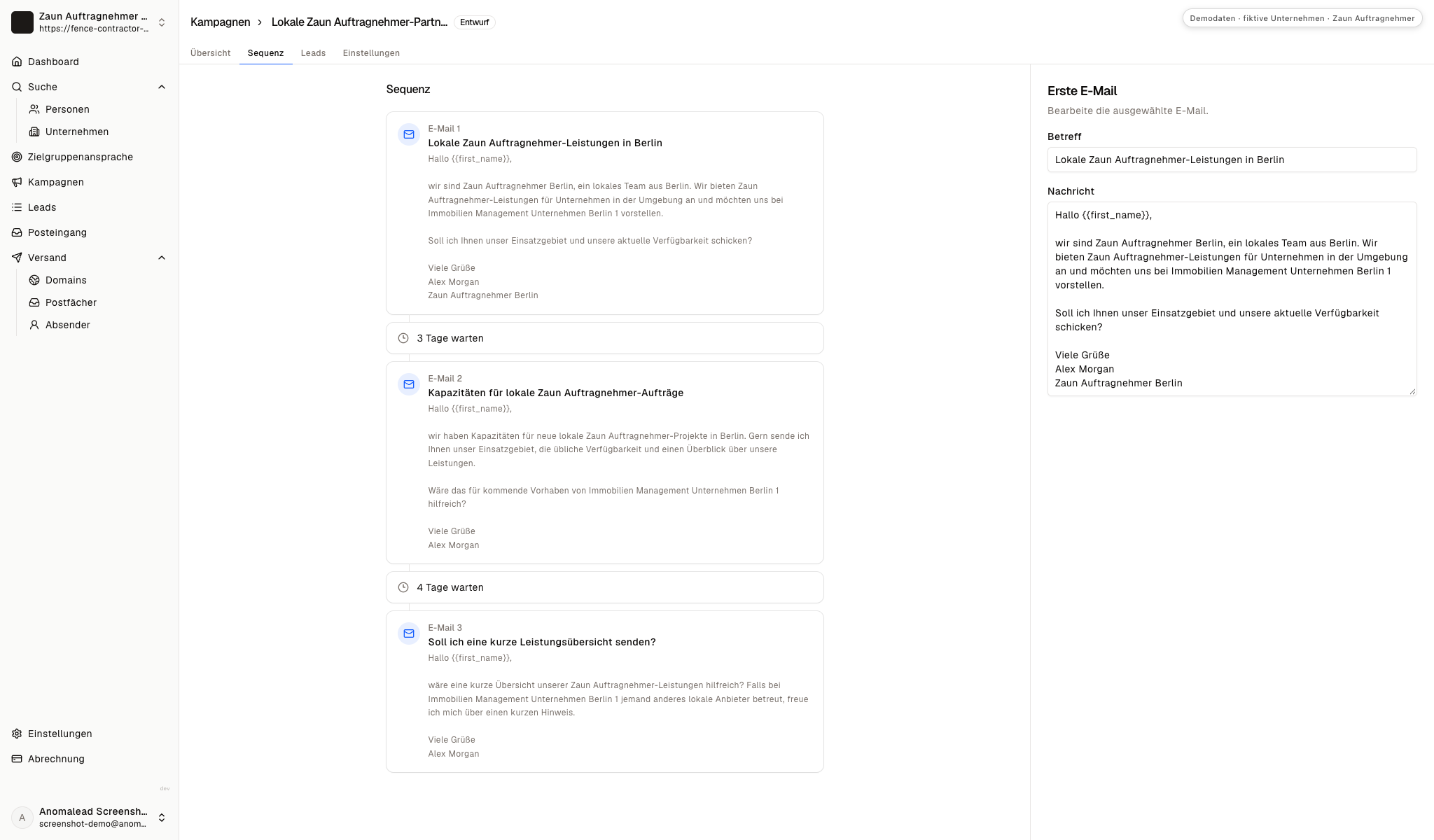 Drei E-Mail-Entwürfe mit geplanten Wartezeiten in der Prüfung einer Kampagnensequenz.