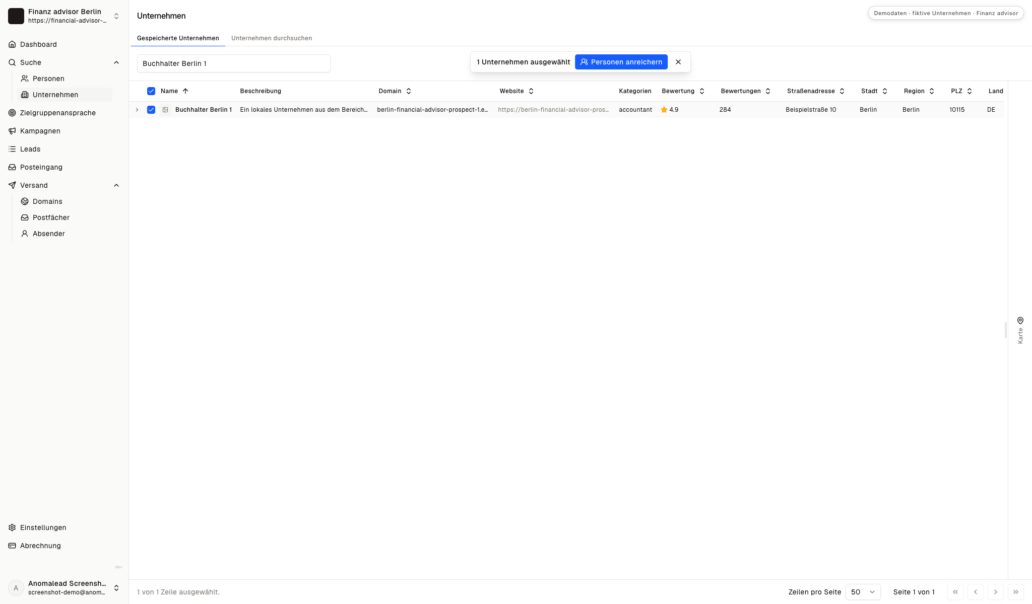 Ansicht mit einem gespeicherten Buchhaltungsbüro, das vor der Kontaktsuche ausgewählt wurde.