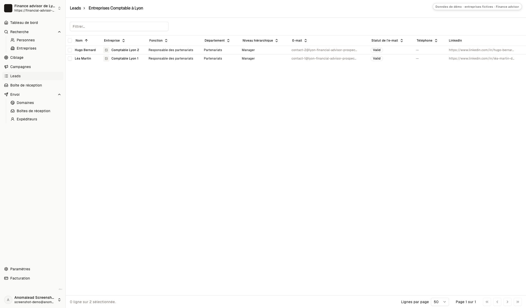 Liste de contacts présentant les sociétés, coordonnées professionnelles et statuts e-mail.