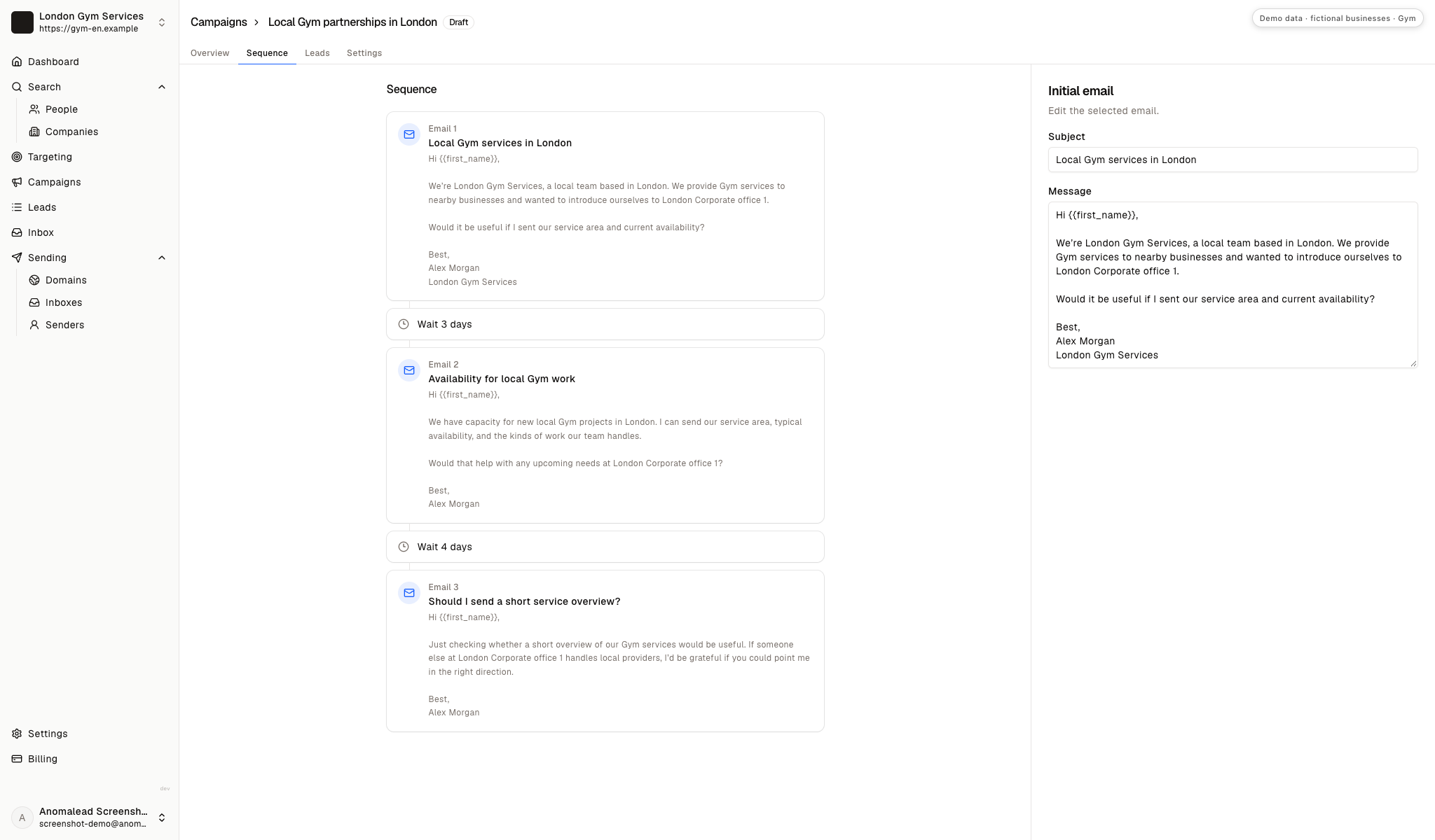 Sequence review shows three email drafts with three-day and four-day waits between messages.