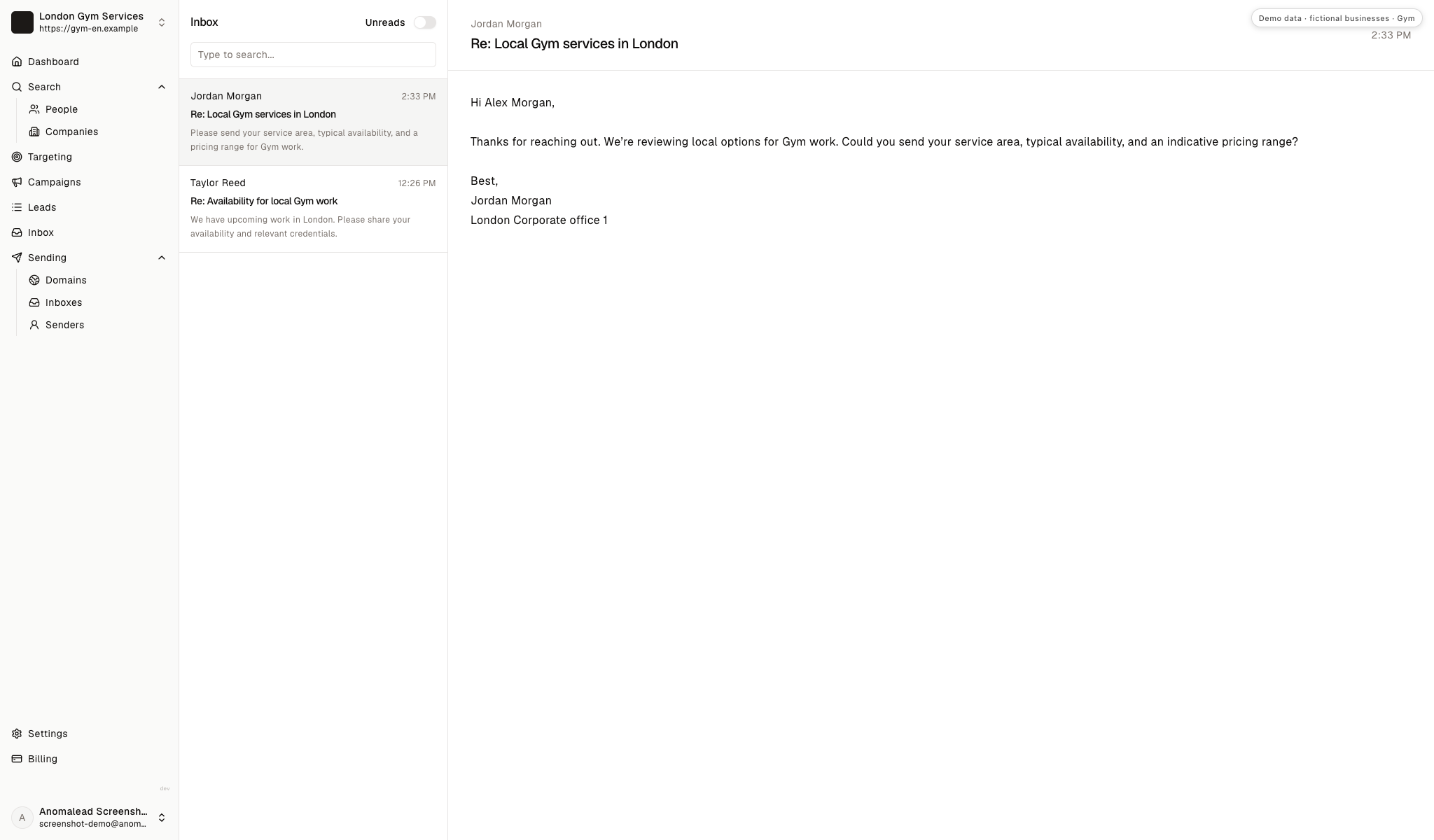 Inbox displays replies from Jordan Morgan and Taylor Reed about service coverage and credentials.