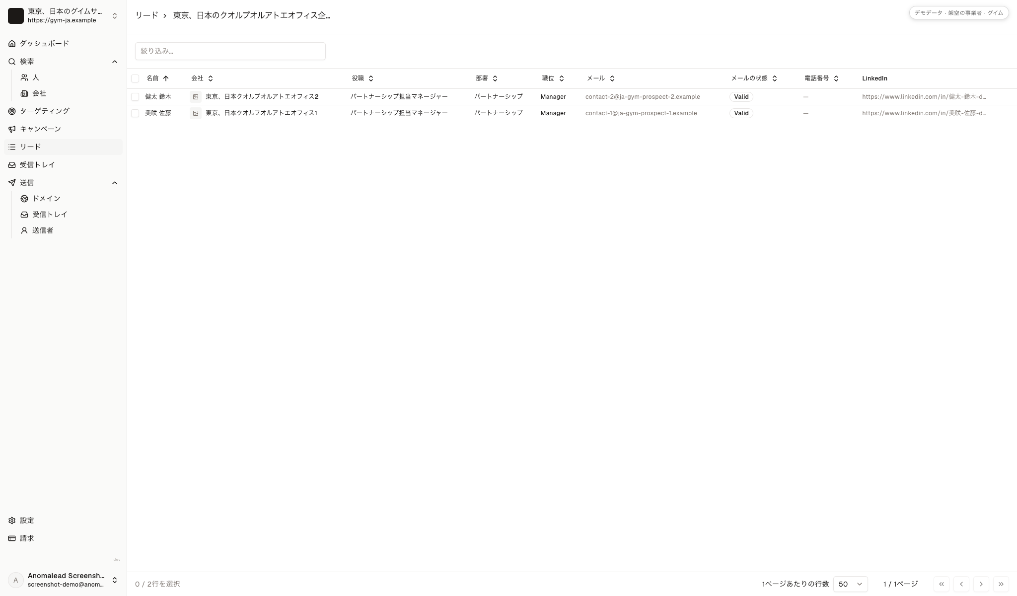 二人の企業担当者、会社情報、メールの送信状況をまとめて表示する連絡先一覧画面です。