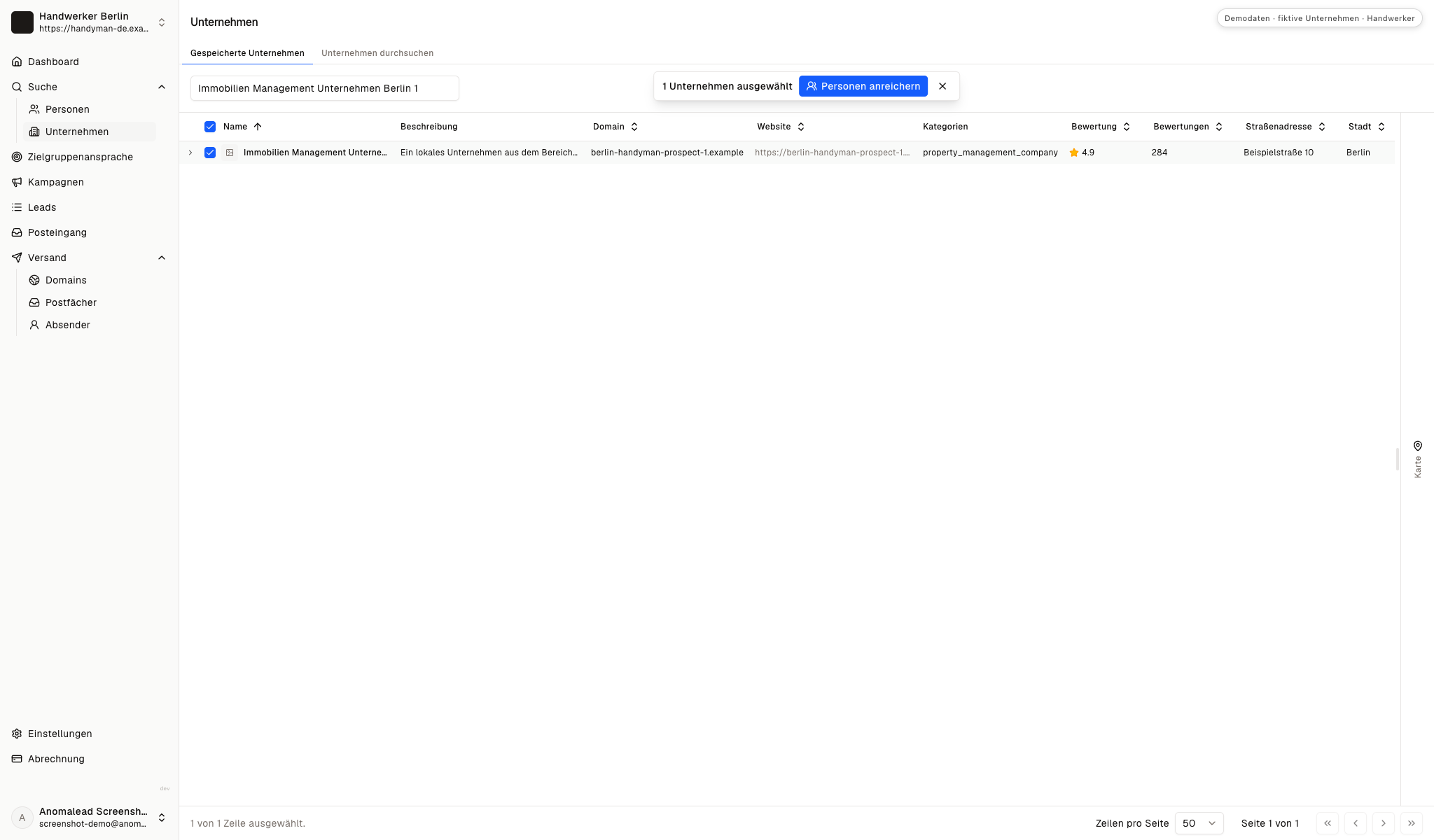 Geöffneter Datensatz einer gespeicherten Hausverwaltung mit sichtbarer Aktion zur Kontaktanreicherung.
