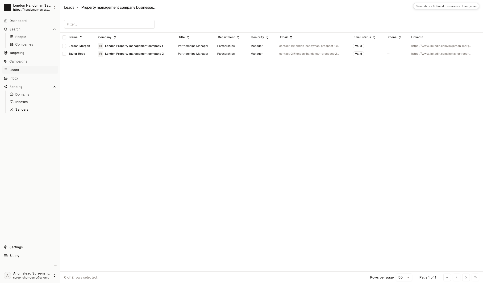 A lead list displays two property-management contacts selected for a fictional handyman outreach campaign.