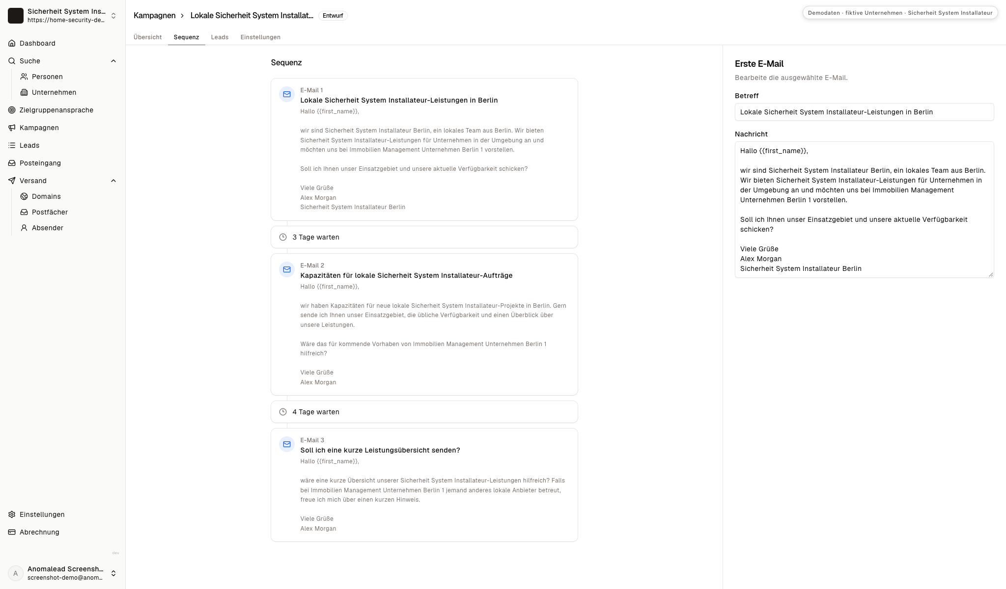 Die Ansicht zeigt drei Nachrichten mit Wartezeiten und geöffneter erster Sicherheitsmail.