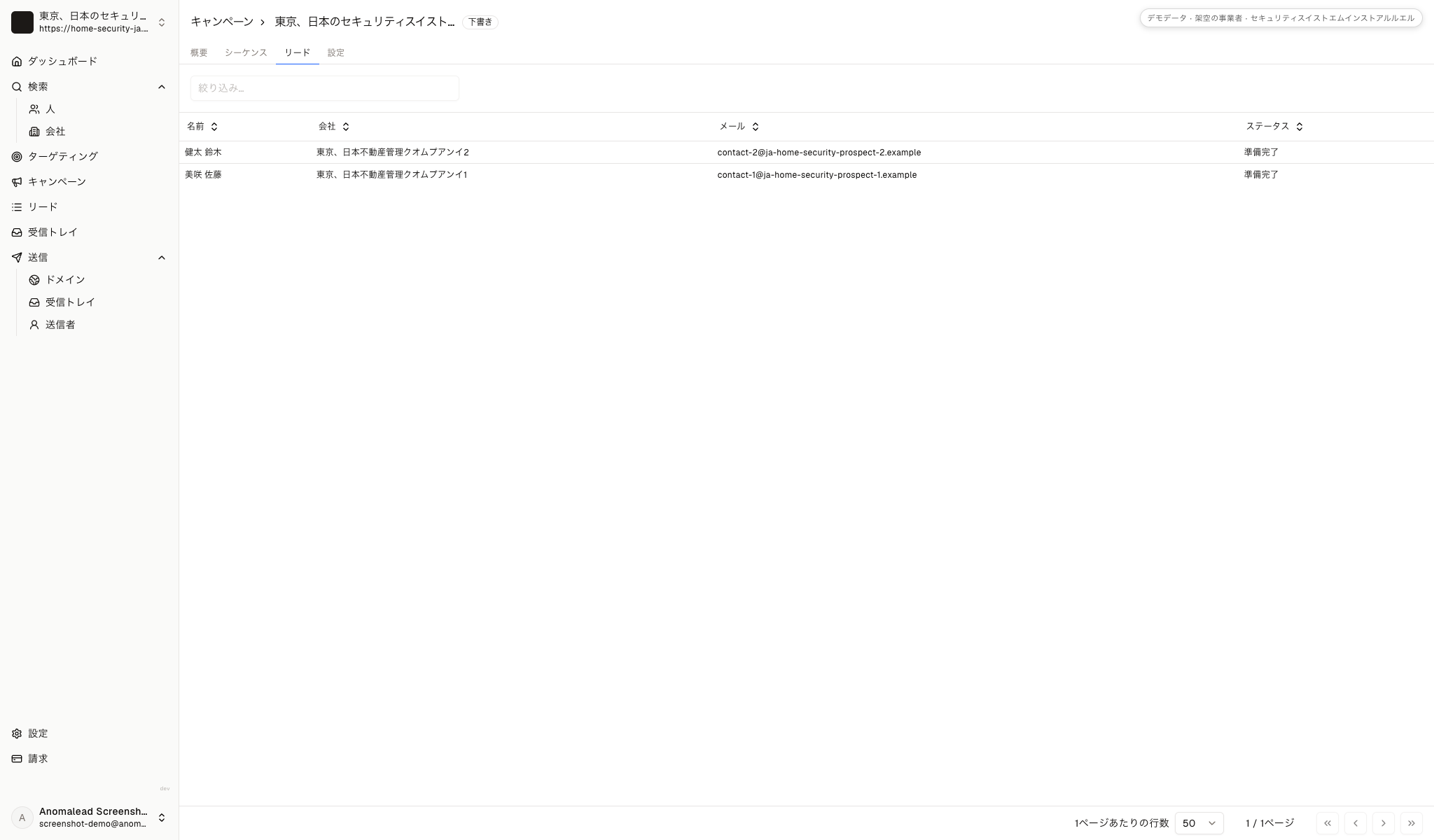 防犯設備の下書きキャンペーンで、架空の管理会社連絡先二名が送信先に選択されています。