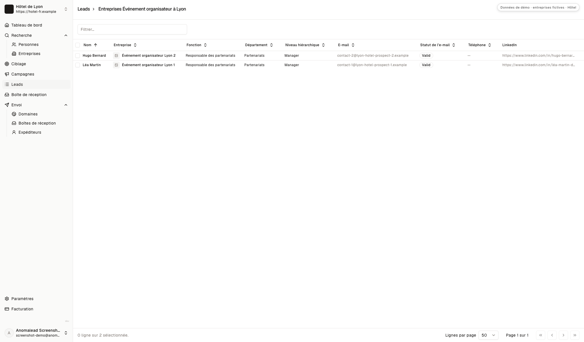 Liste de prospection préparée avec deux contacts fictifs d’organisateurs sélectionnés pour une campagne de partenariat hôtelier.