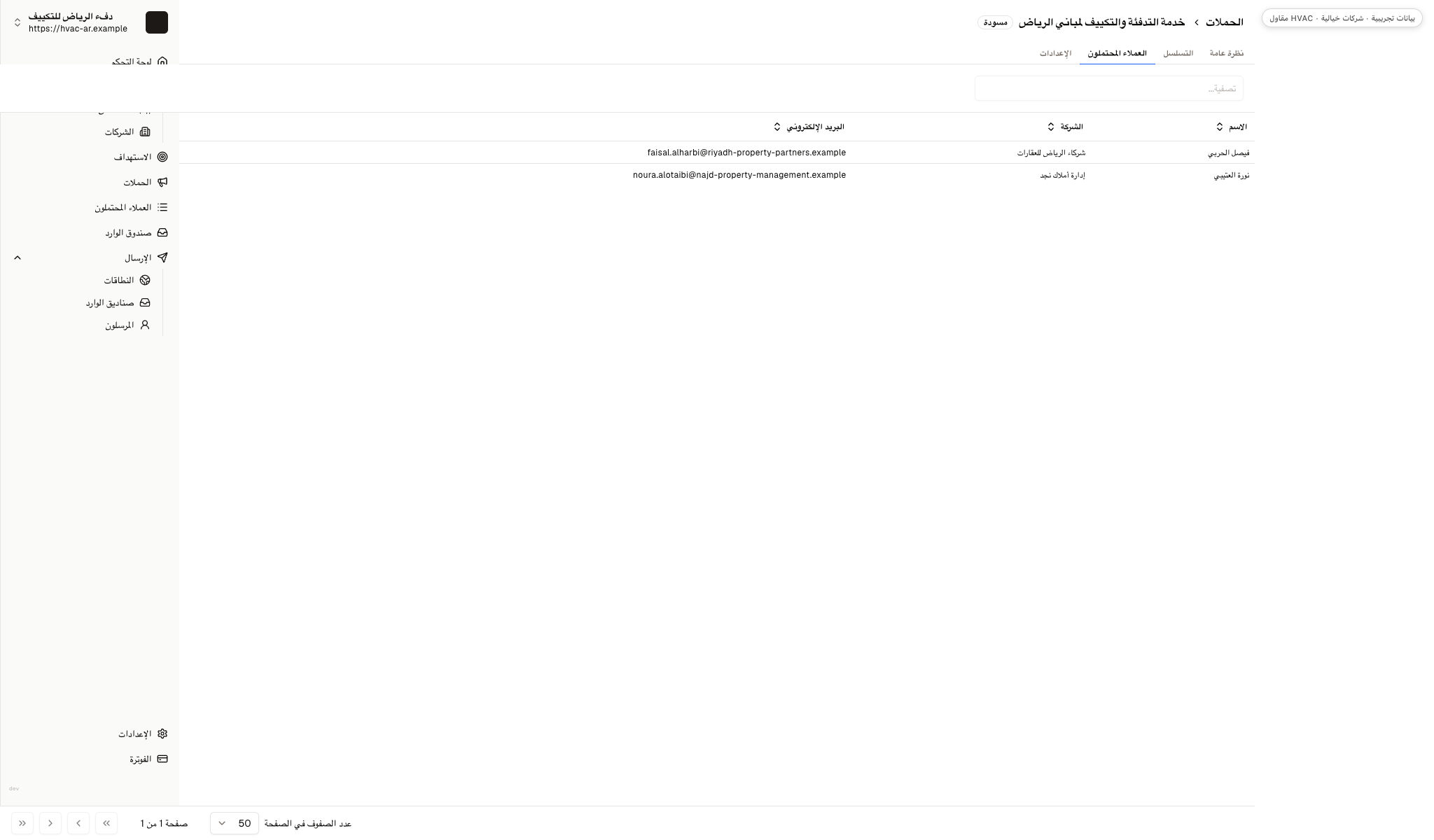 مسودة حملة لصيانة التكييف والتدفئة تضم مستلمين خياليين، مديرة عقارات ومدير مرافق، وكلاهما بحالة جاهز.