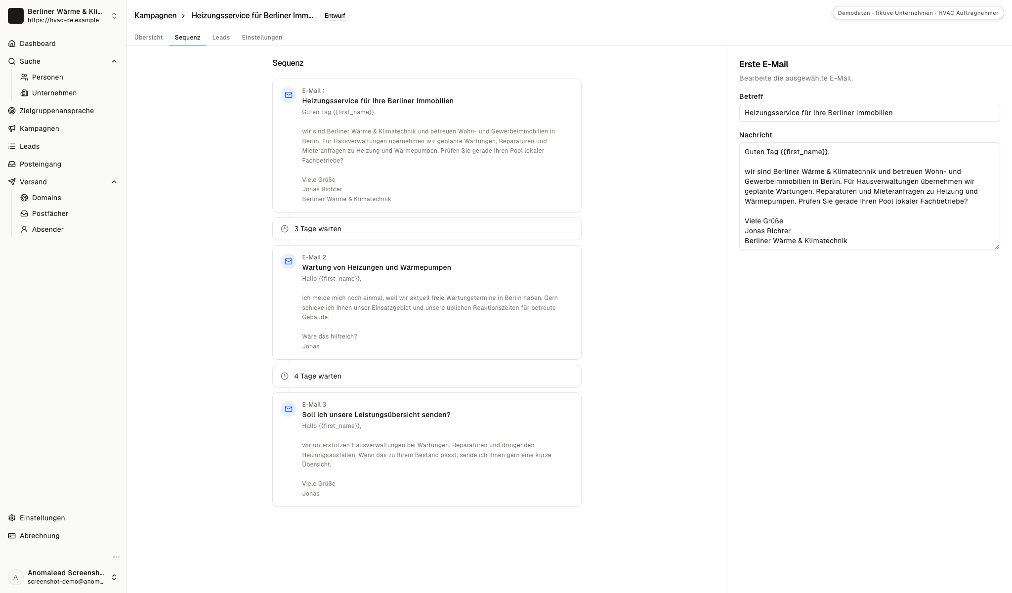 Akquise-Sequenz mit drei Mails zur Heizungswartung und zwei Wartezeiten, die erste Nachricht ist im Editor geöffnet.