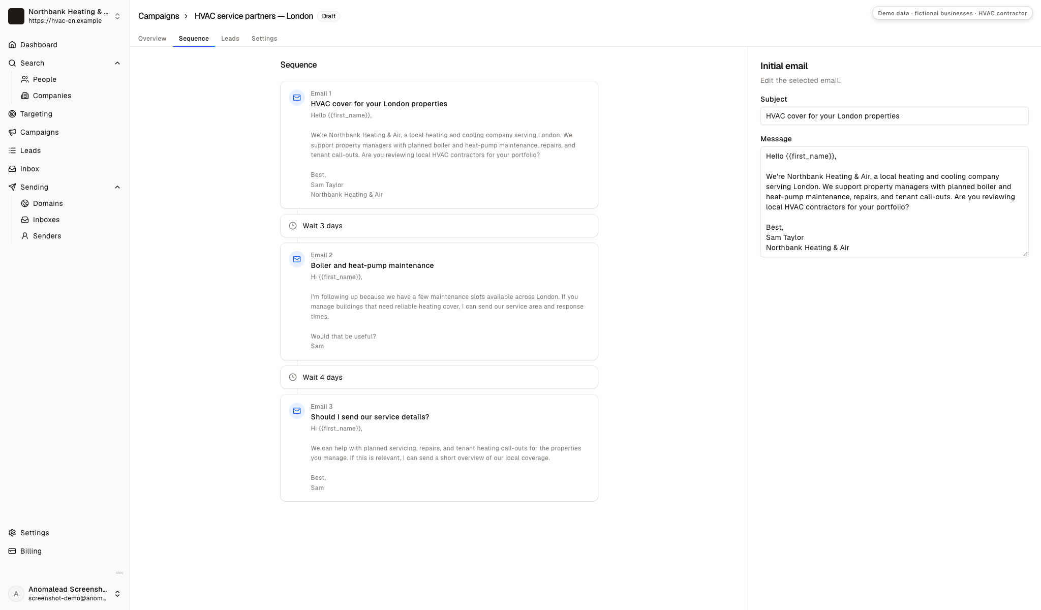 Three-email HVAC outreach sequence with two wait steps, showing the first message open in the editor.