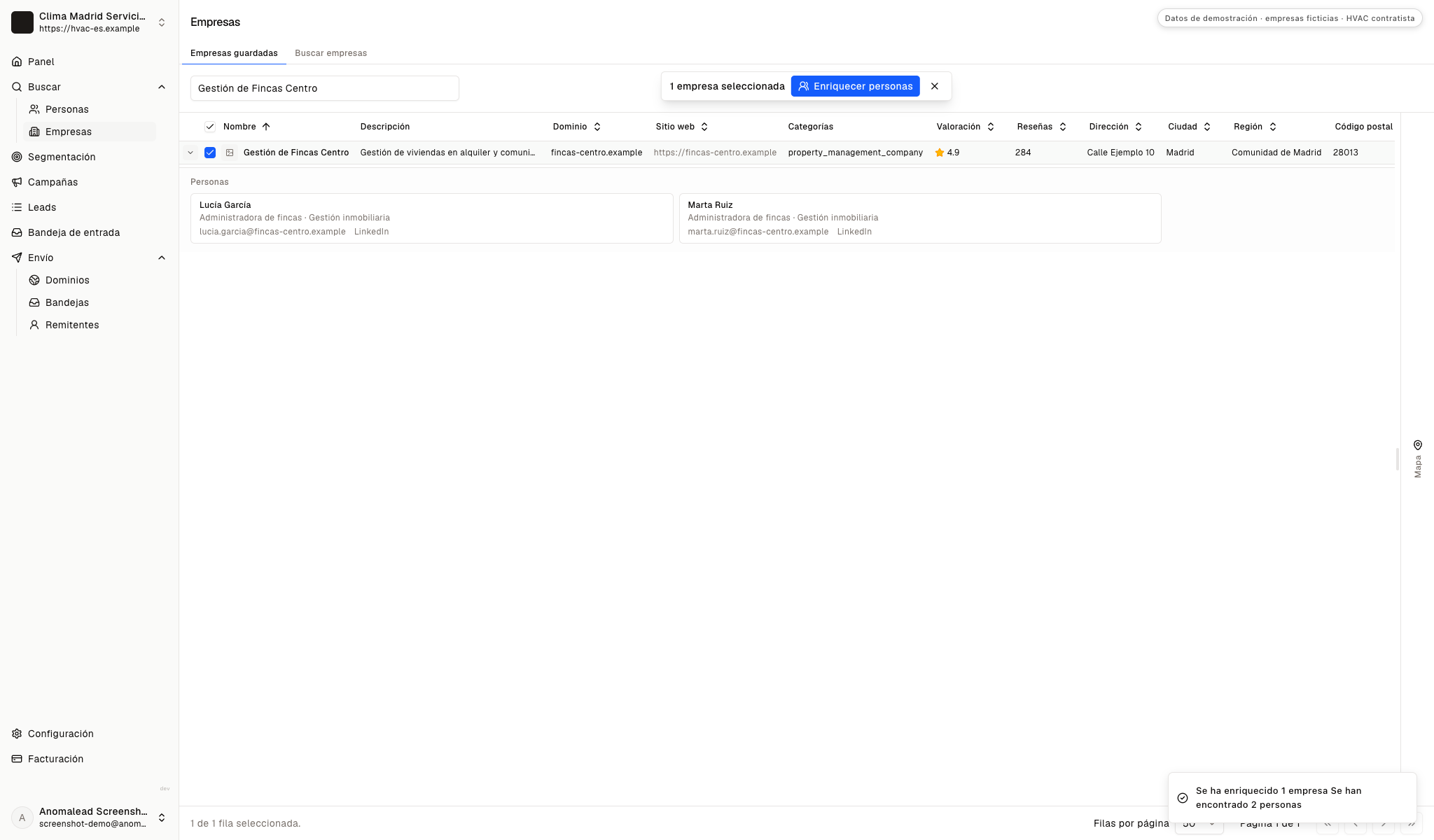 Fila enriquecida de la administración ficticia Gestión de Fincas Centro con dos administradoras de fincas, sus correos profesionales y enlaces a LinkedIn.
