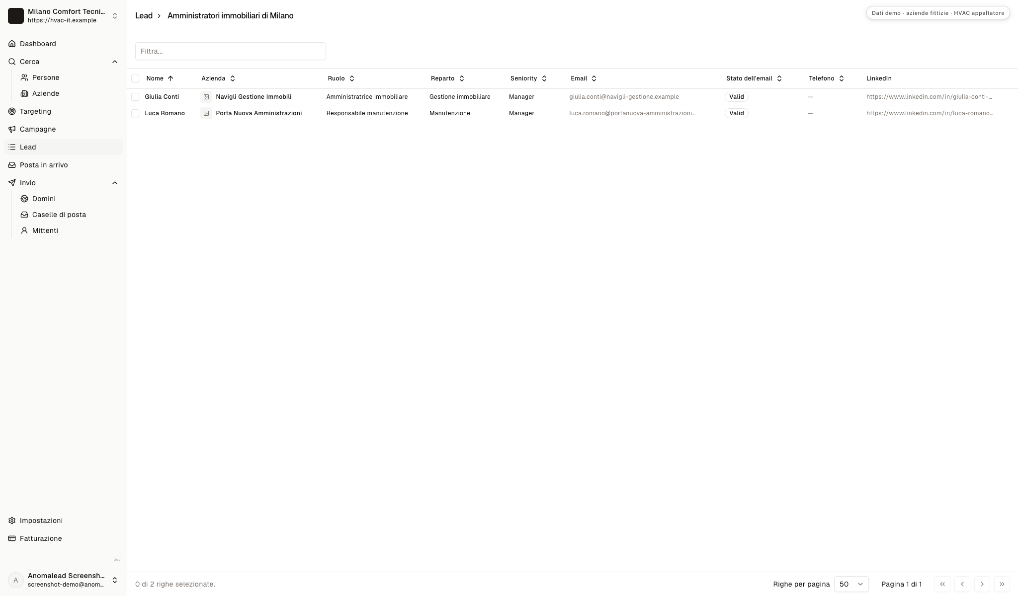 Lista lead con due prospect HVAC fittizi, un’amministratrice immobiliare e un responsabile manutenzione, entrambi con indirizzo email valido.